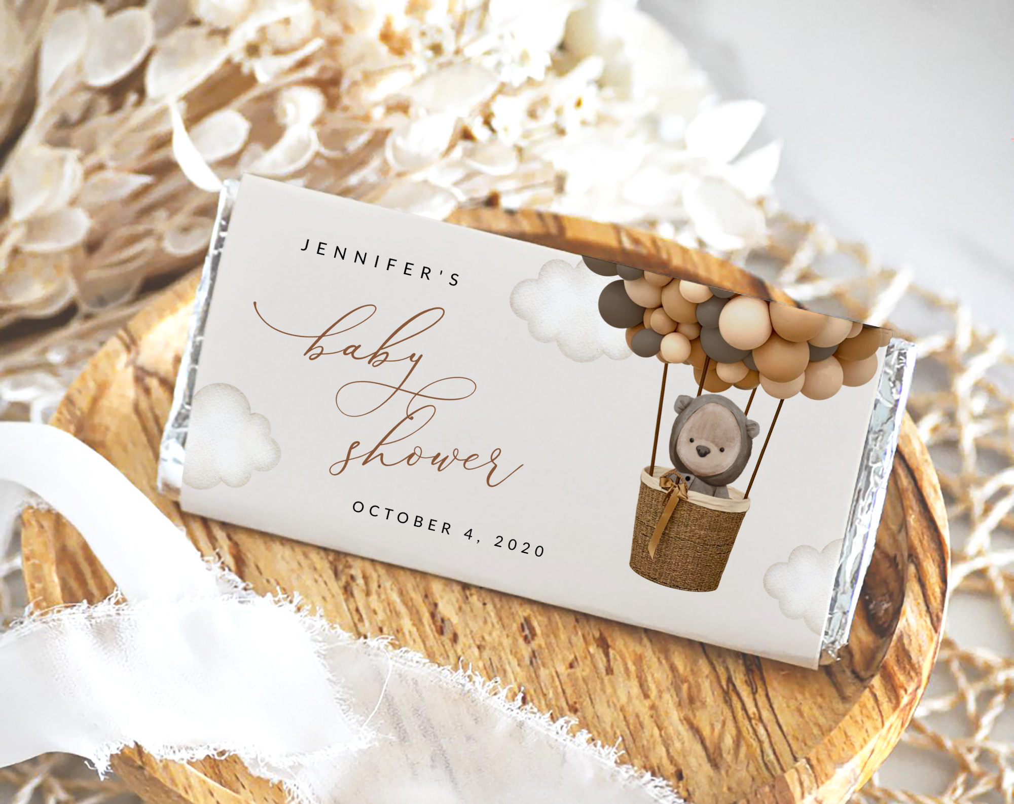 Bear and Brown Balloons Chocolate Bar Wrapper, Candy Bar Wrapper, Gender Neutral Baby Shower, Printable File, Edit Yourself, SH53