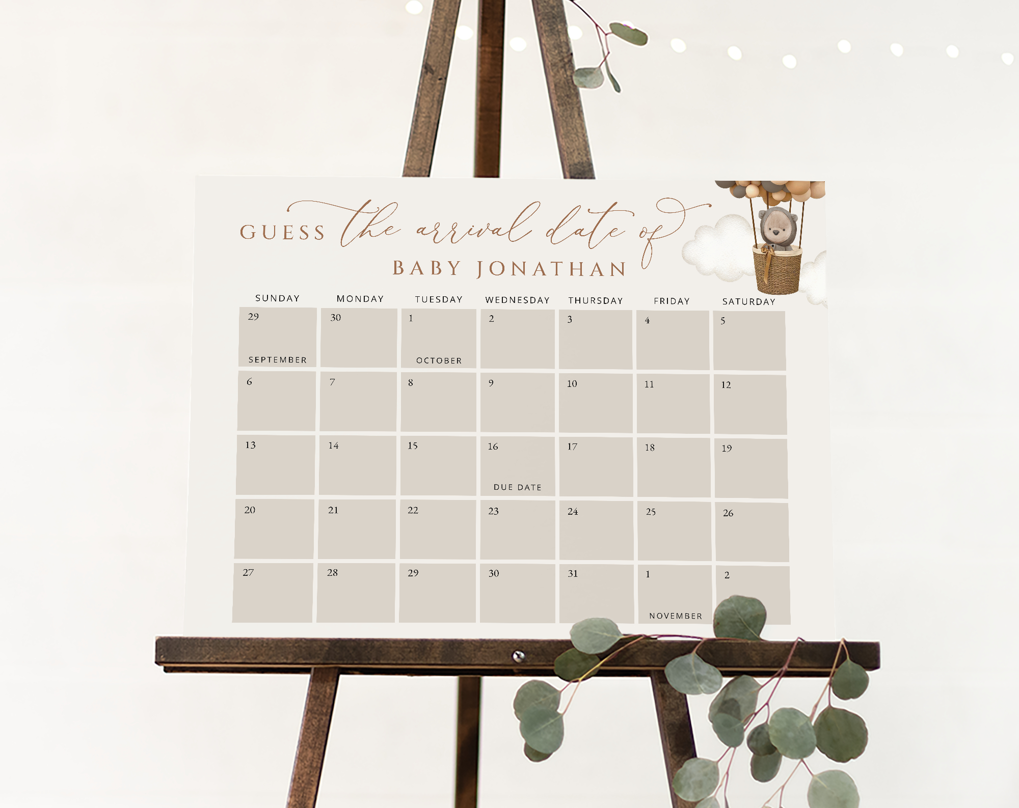 Bear and Brown Balloons Guess the Due Date, Baby Shower Game, Gender Neutral Baby Shower, Printable File, Edit Yourself, SH53