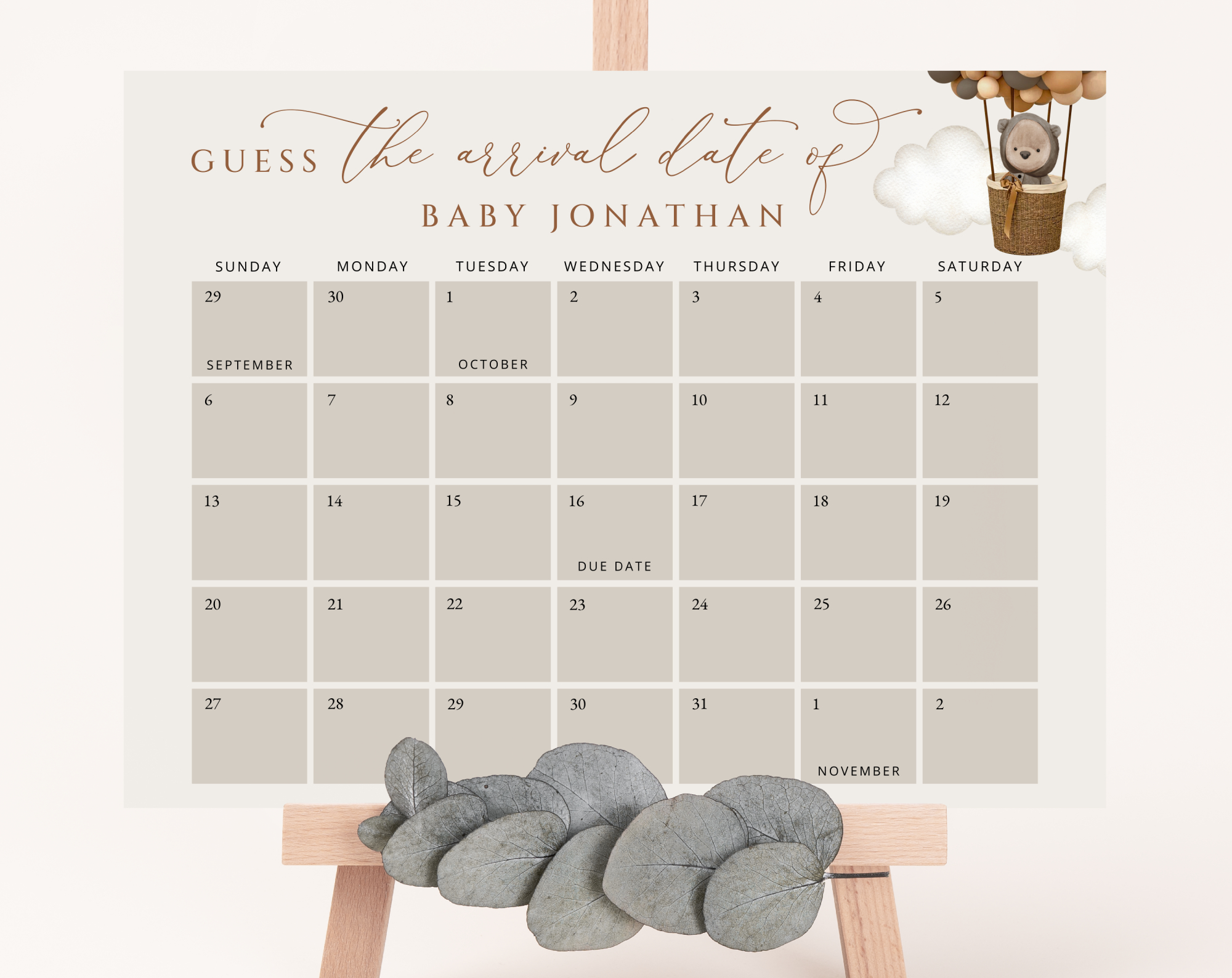 Bear and Brown Balloons Guess the Due Date, Baby Shower Game, Gender Neutral Baby Shower, Printable File, Edit Yourself, SH53