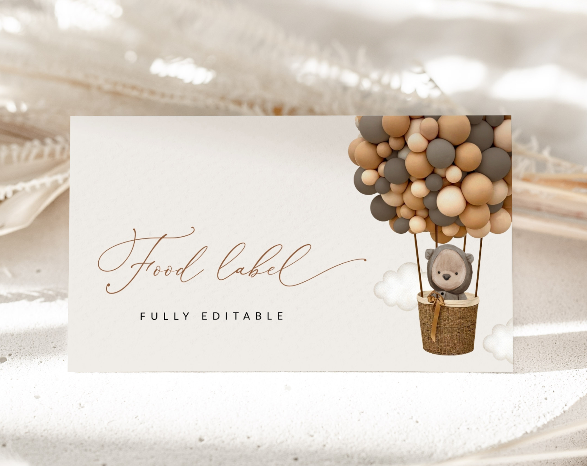 Bear and Brown Balloons Food Label, Baby Shower Decoration, Gender Neutral Baby Shower, Printable File, Edit Yourself, SH53