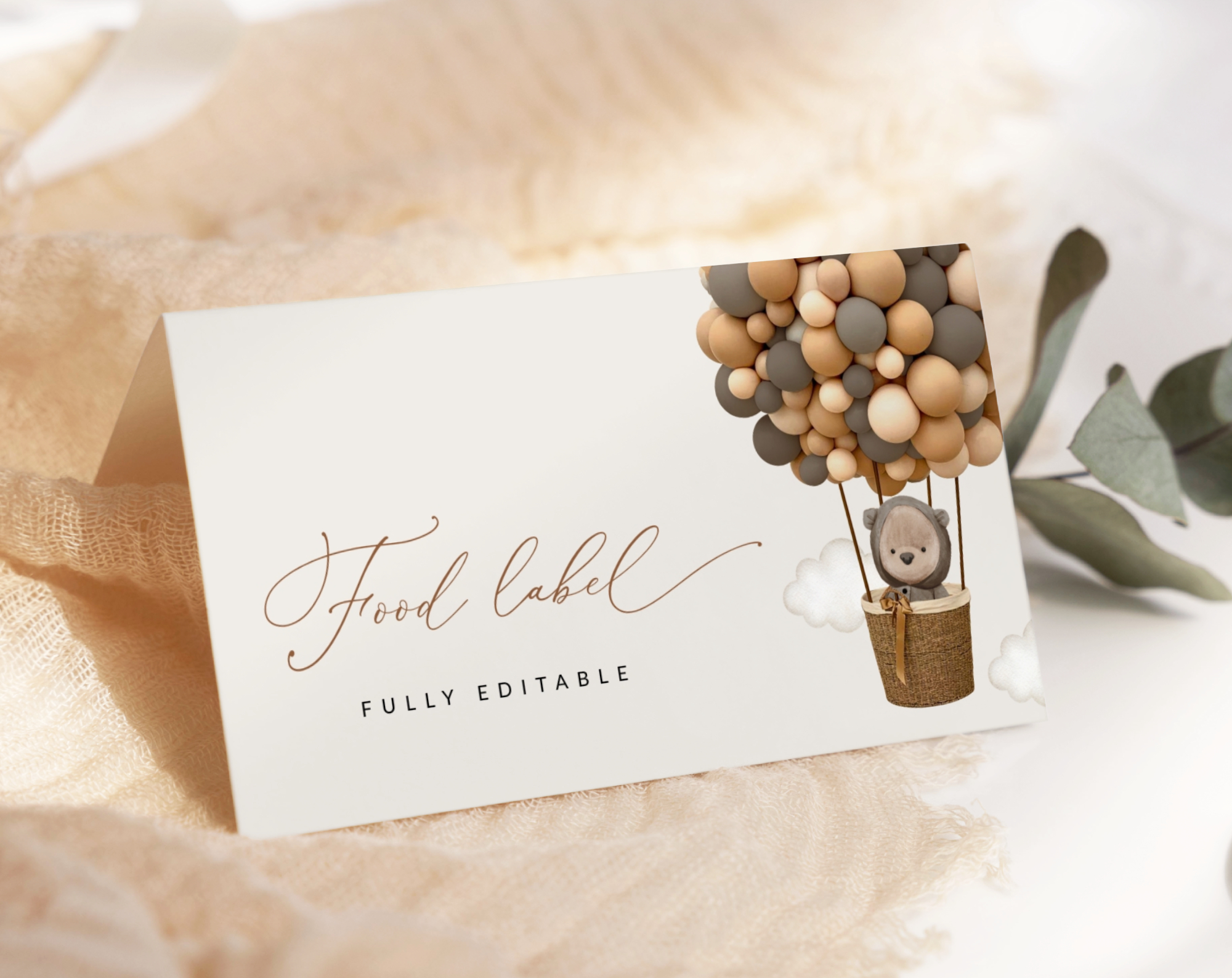 Bear and Brown Balloons Food Label, Baby Shower Decoration, Gender Neutral Baby Shower, Printable File, Edit Yourself, SH53