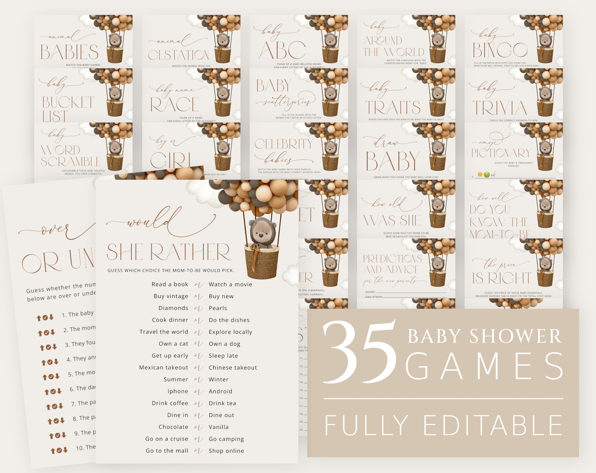 Bear and Brown Balloons Baby Shower Games Bundle, Set of 35 Games, Gender Neutral Baby Shower, Printable File, Edit Yourself, SH53 Bear and Brown Balloons Baby Shower Games Bundle, Set of 35 Games, Gender Neutral Baby Shower, Printable File, Edit Yourself, SH53