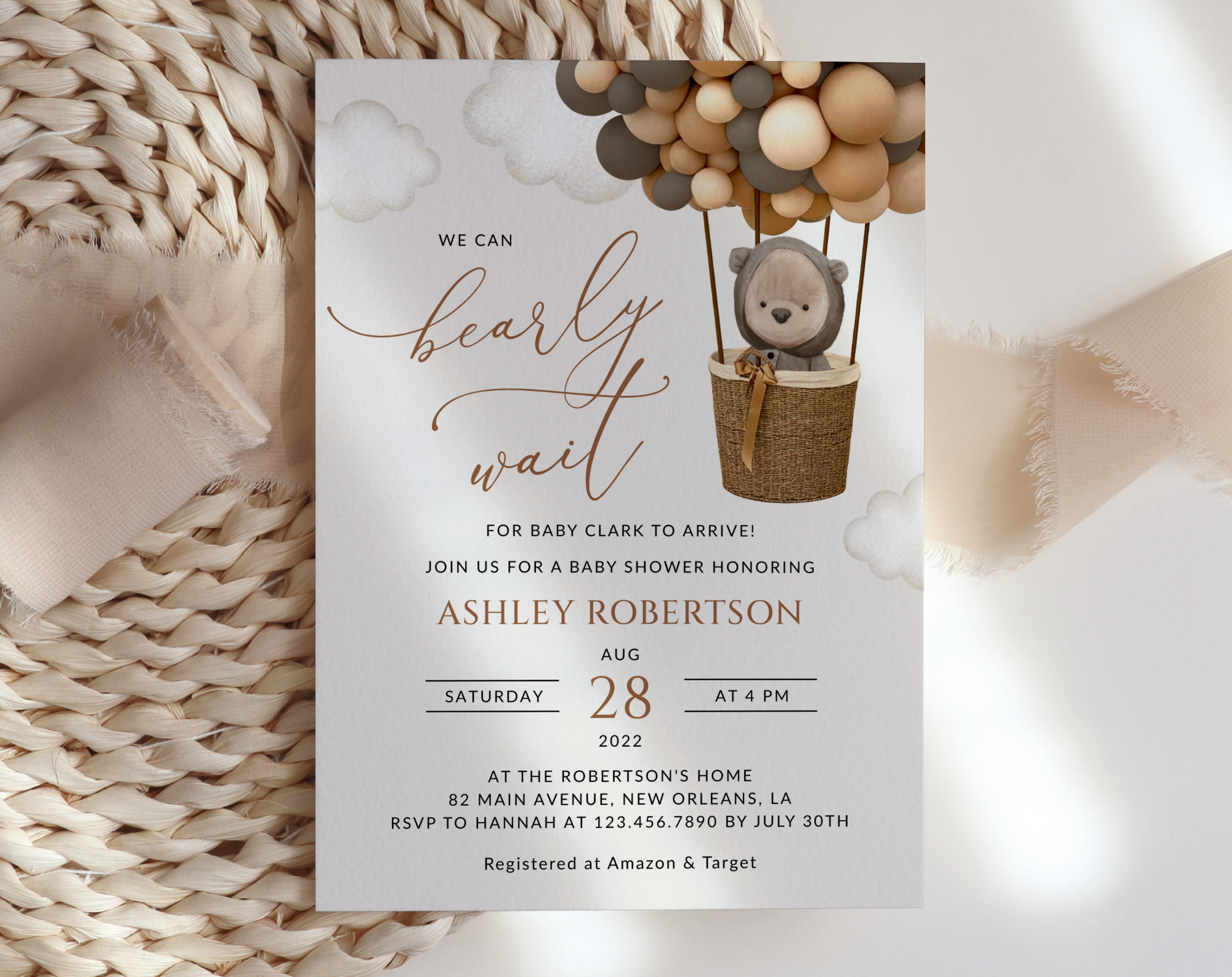 Bear and Brown Balloons Baby Shower Invitation, Gender Neutral Baby Shower, Printable File, Edit Yourself, SH53