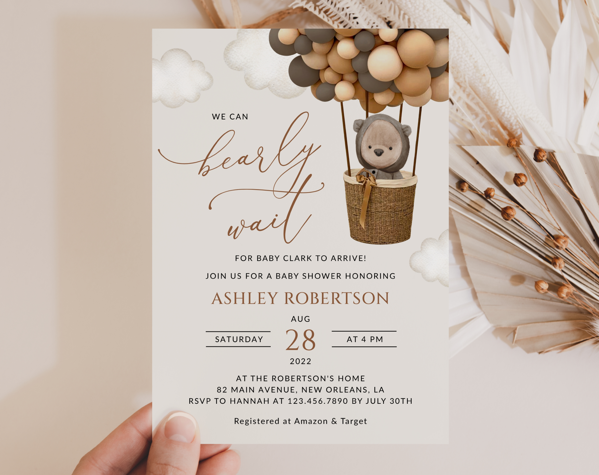Bear and Brown Balloons Baby Shower Invitation, Gender Neutral Baby Shower, Printable File, Edit Yourself, SH53