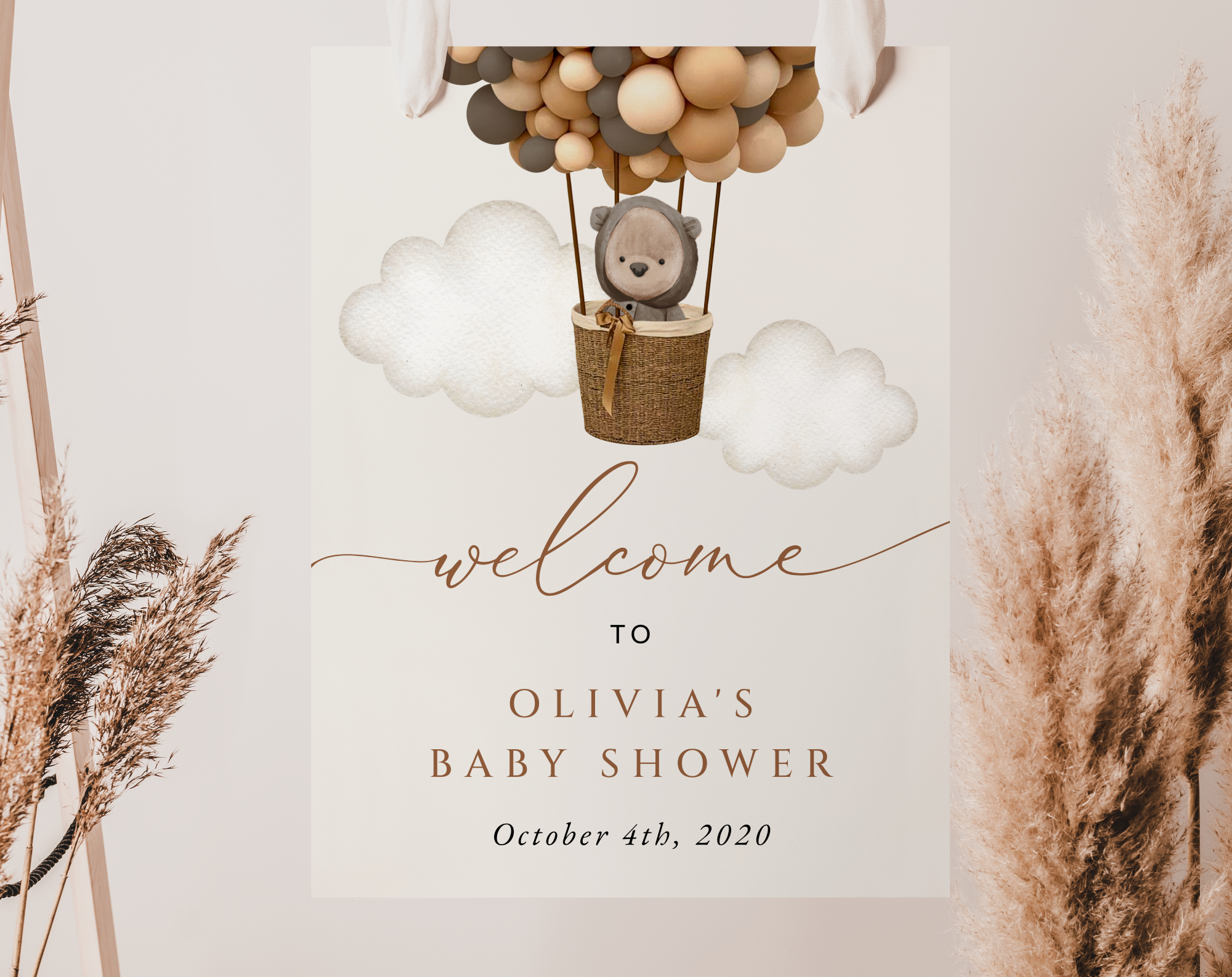 Bear and Brown Balloons Welcome Sign, Baby Shower Sign, Gender Neutral Baby Shower, Printable File, Edit Yourself, SH53