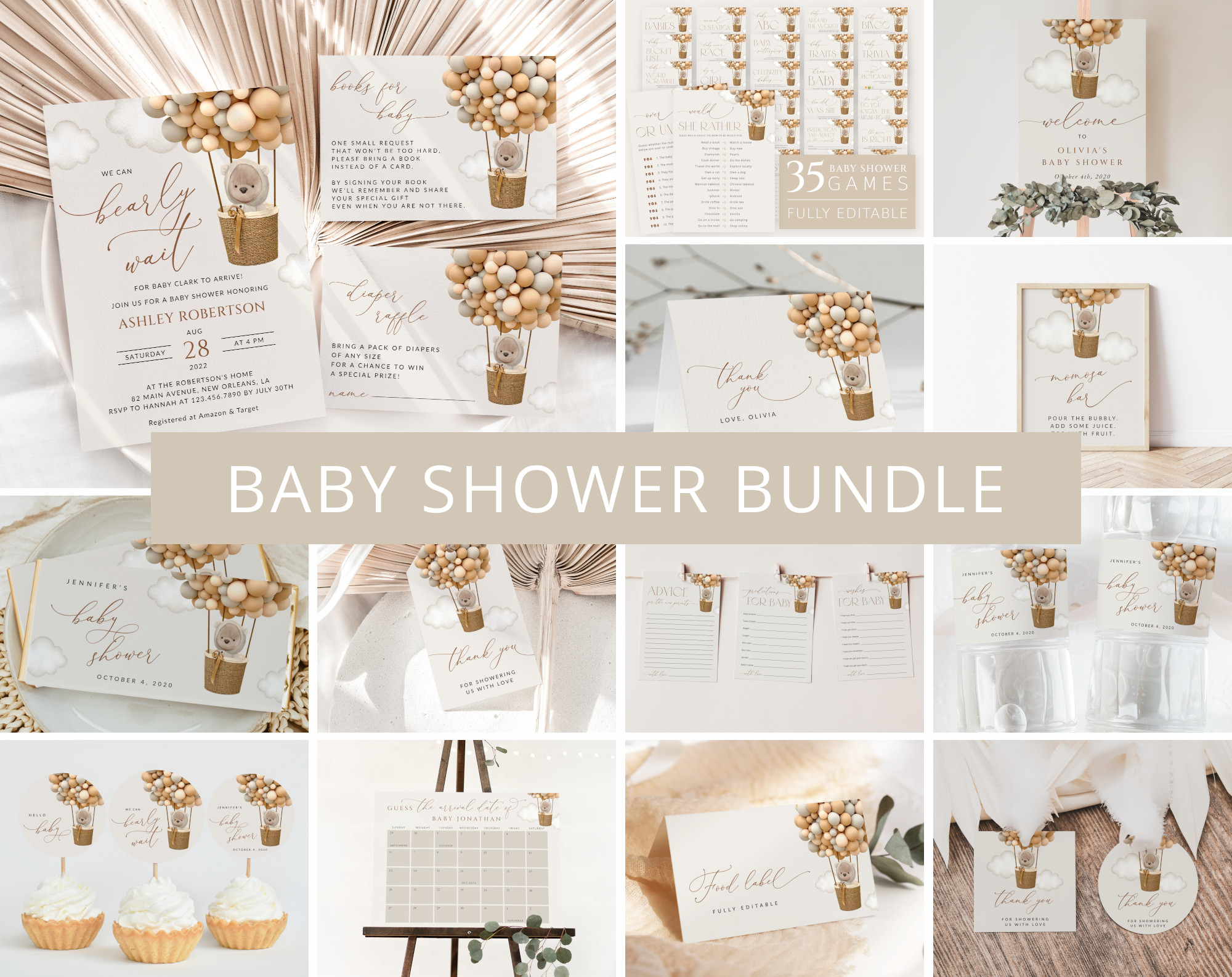 Bear and Beige Balloons Baby Shower Bundle, Gender Neutral Baby Shower, Printable File, Edit Yourself, SH54 Bear and Beige Balloons Baby Shower Bundle, Gender Neutral Baby Shower, Printable File, Edit Yourself, SH54