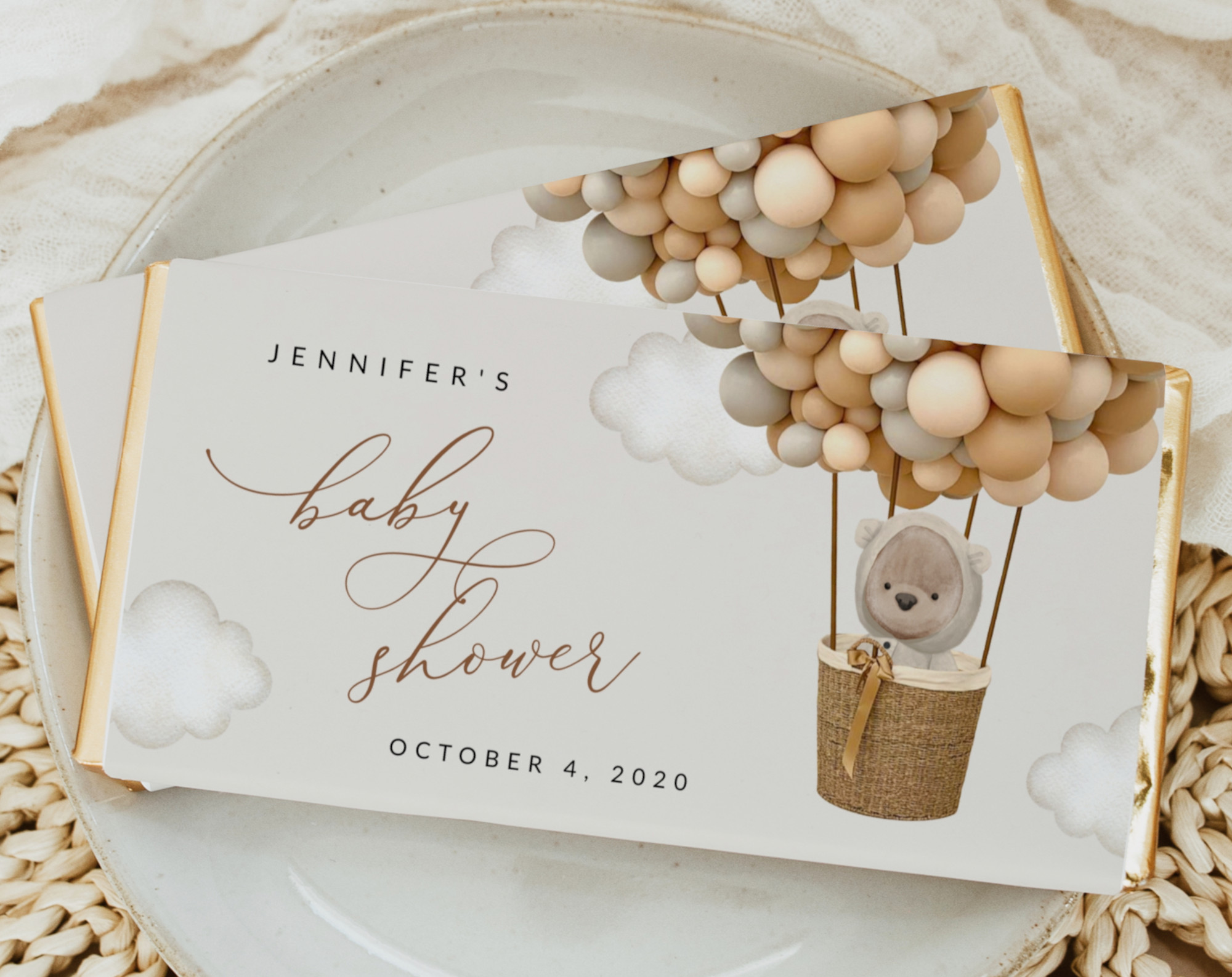 Bear and Beige Balloons Chocolate Bar Wrapper, Candy Bar Wrapper, Gender Neutral Baby Shower, Printable File, Edit Yourself, SH54