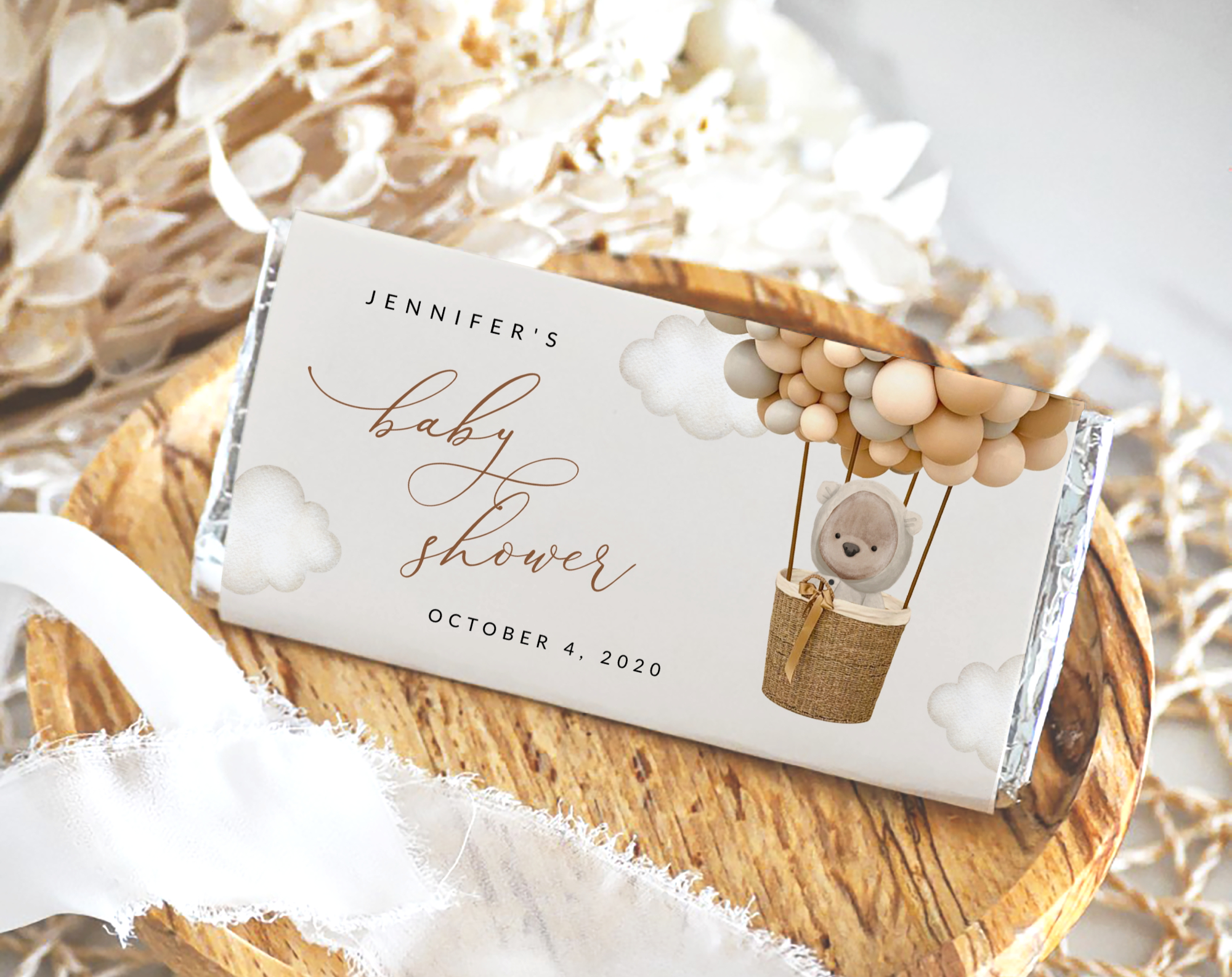 Bear and Beige Balloons Chocolate Bar Wrapper, Candy Bar Wrapper, Gender Neutral Baby Shower, Printable File, Edit Yourself, SH54