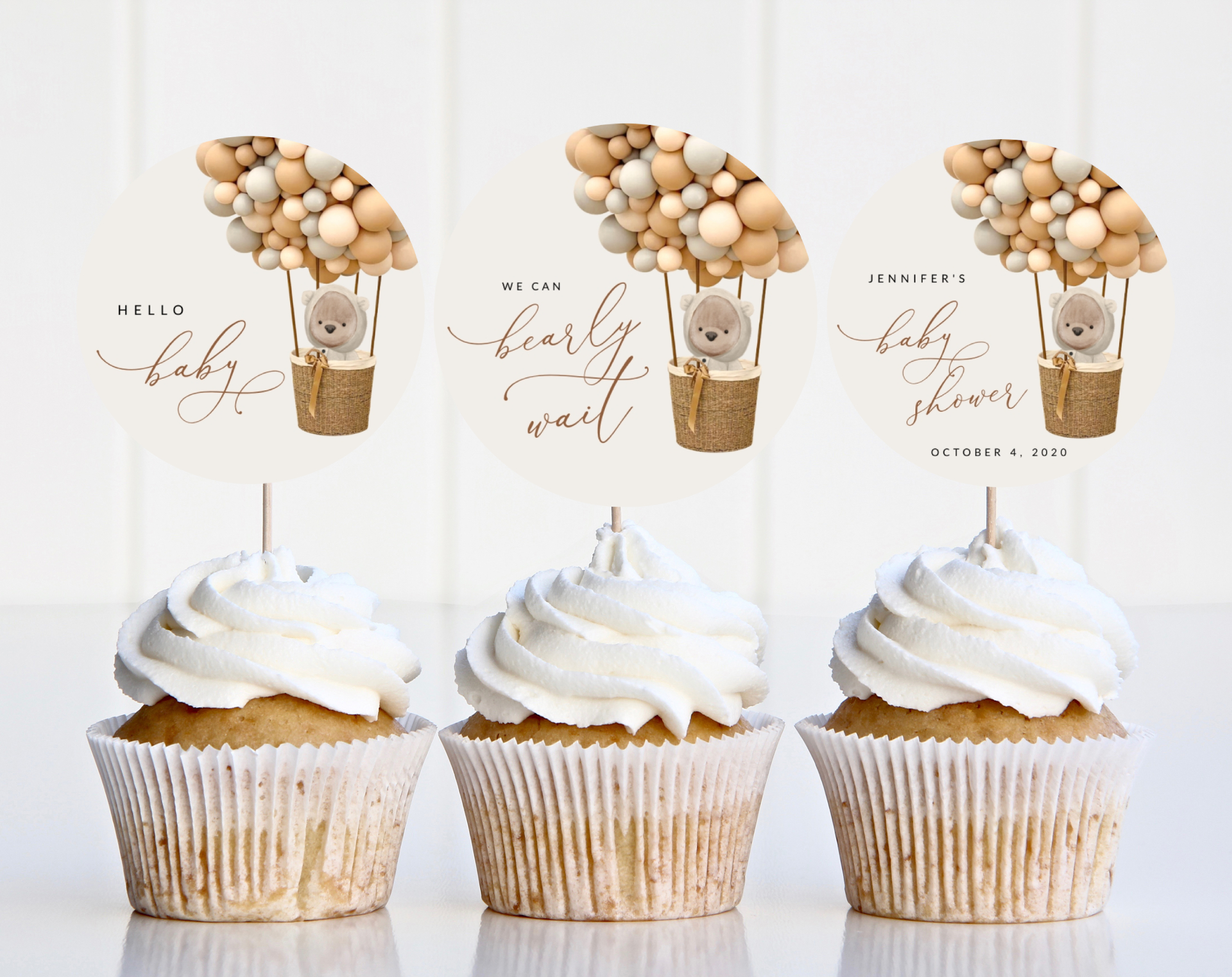 Bear and Beige Balloons Cupcake Toppers, Baby Shower Decoration, Gender Neutral Baby Shower, Printable File, Edit Yourself, SH54 Bear and Beige Balloons Cupcake Toppers, Baby Shower Decoration, Gender Neutral Baby Shower, Printable File, Edit Yourself, SH54