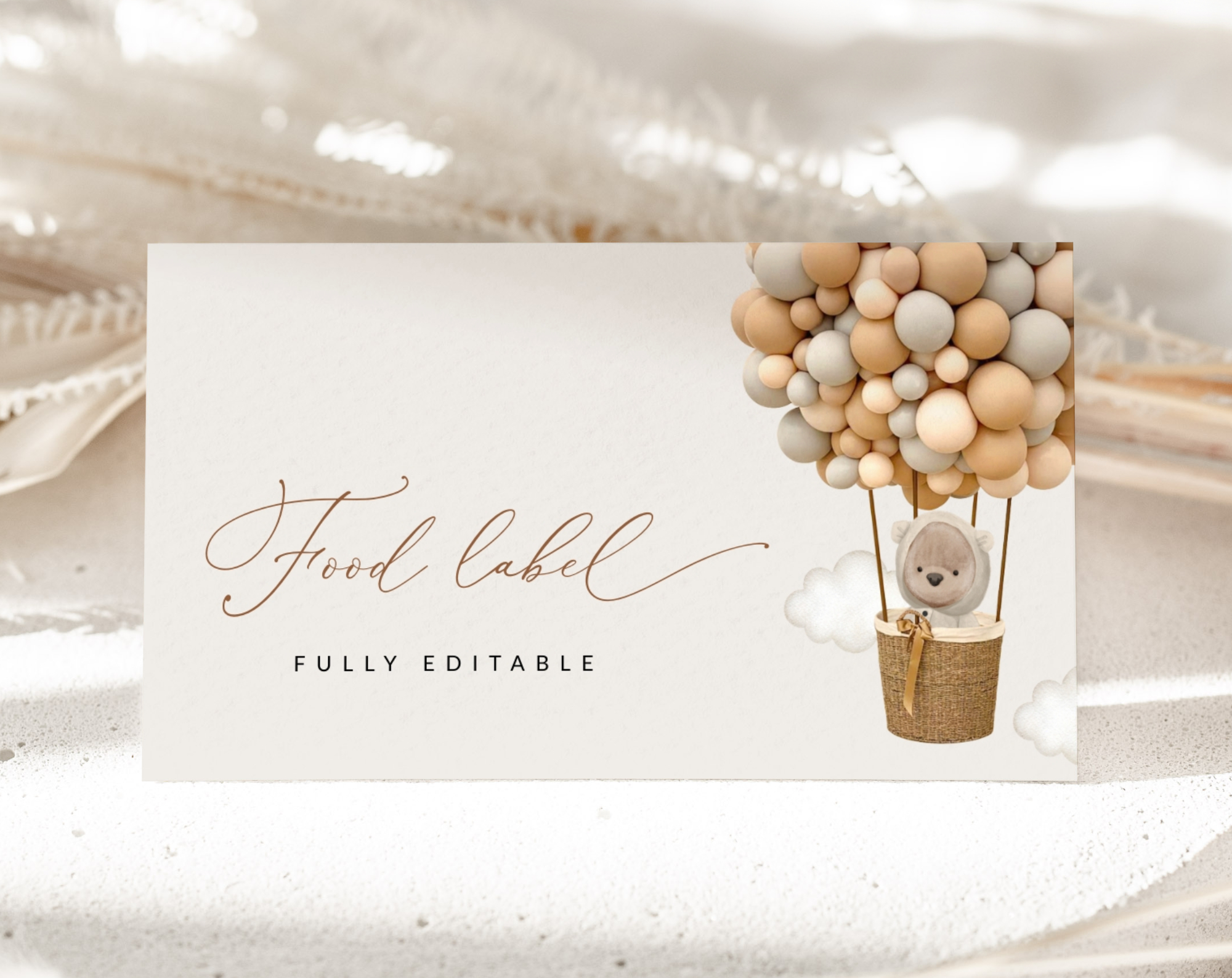 Bear and Beige Balloons Food Label, Baby Shower Decoration, Gender Neutral Baby Shower, Printable File, Edit Yourself, SH54