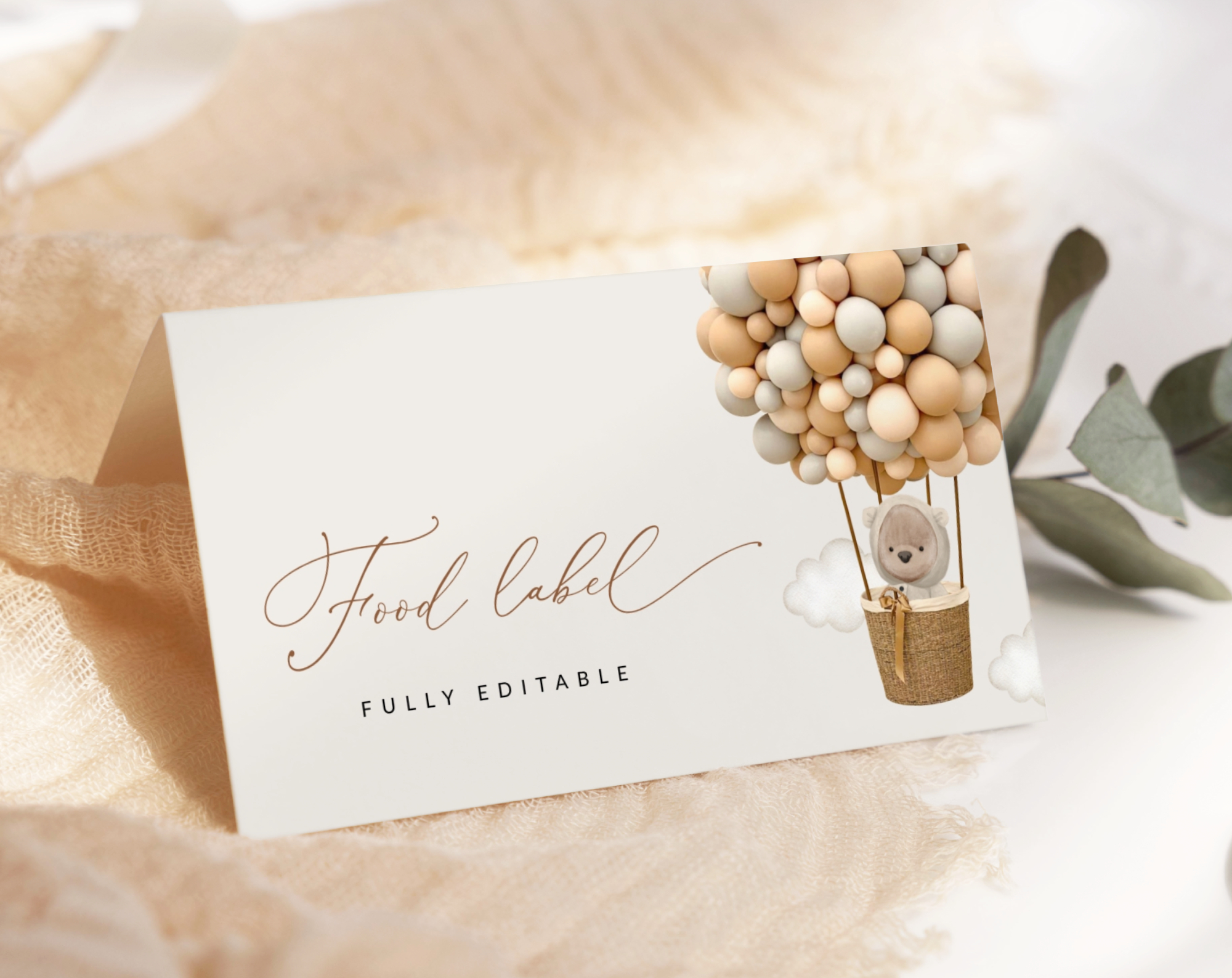 Bear and Beige Balloons Food Label, Baby Shower Decoration, Gender Neutral Baby Shower, Printable File, Edit Yourself, SH54