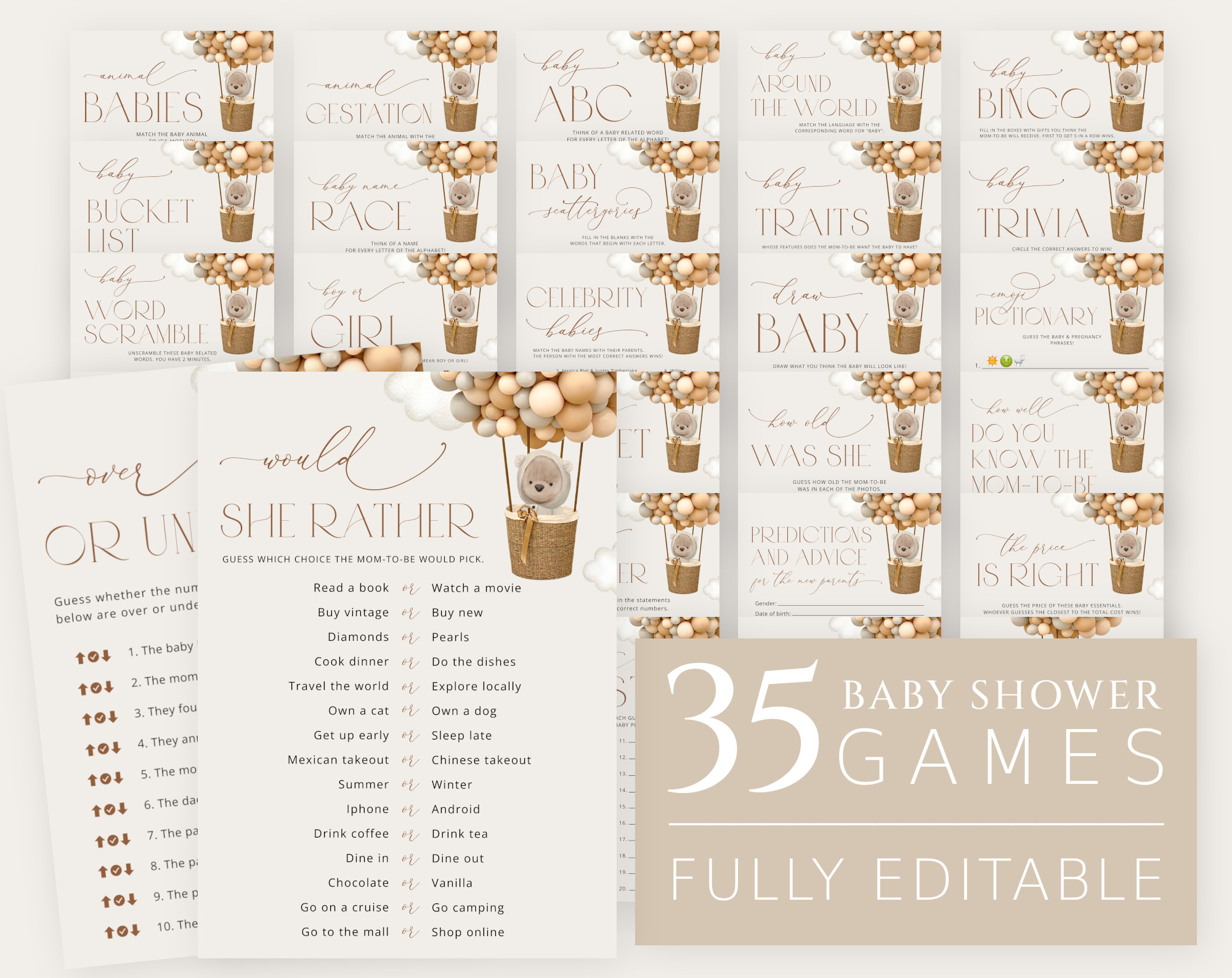 Bear and Beige Balloons Baby Shower Games Bundle, Set of 35 Games, Gender Neutral Baby Shower, Printable File, Edit Yourself, SH54 Bear and Beige Balloons Baby Shower Games Bundle, Set of 35 Games, Gender Neutral Baby Shower, Printable File, Edit Yourself, SH54