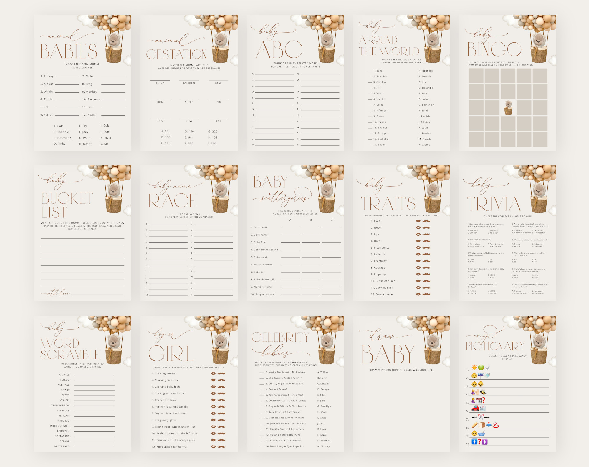 Bear and Beige Balloons Baby Shower Games Bundle, Set of 35 Games, Gender Neutral Baby Shower, Printable File, Edit Yourself, SH54 Bear and Beige Balloons Baby Shower Games Bundle, Set of 35 Games, Gender Neutral Baby Shower, Printable File, Edit Yourself, SH54