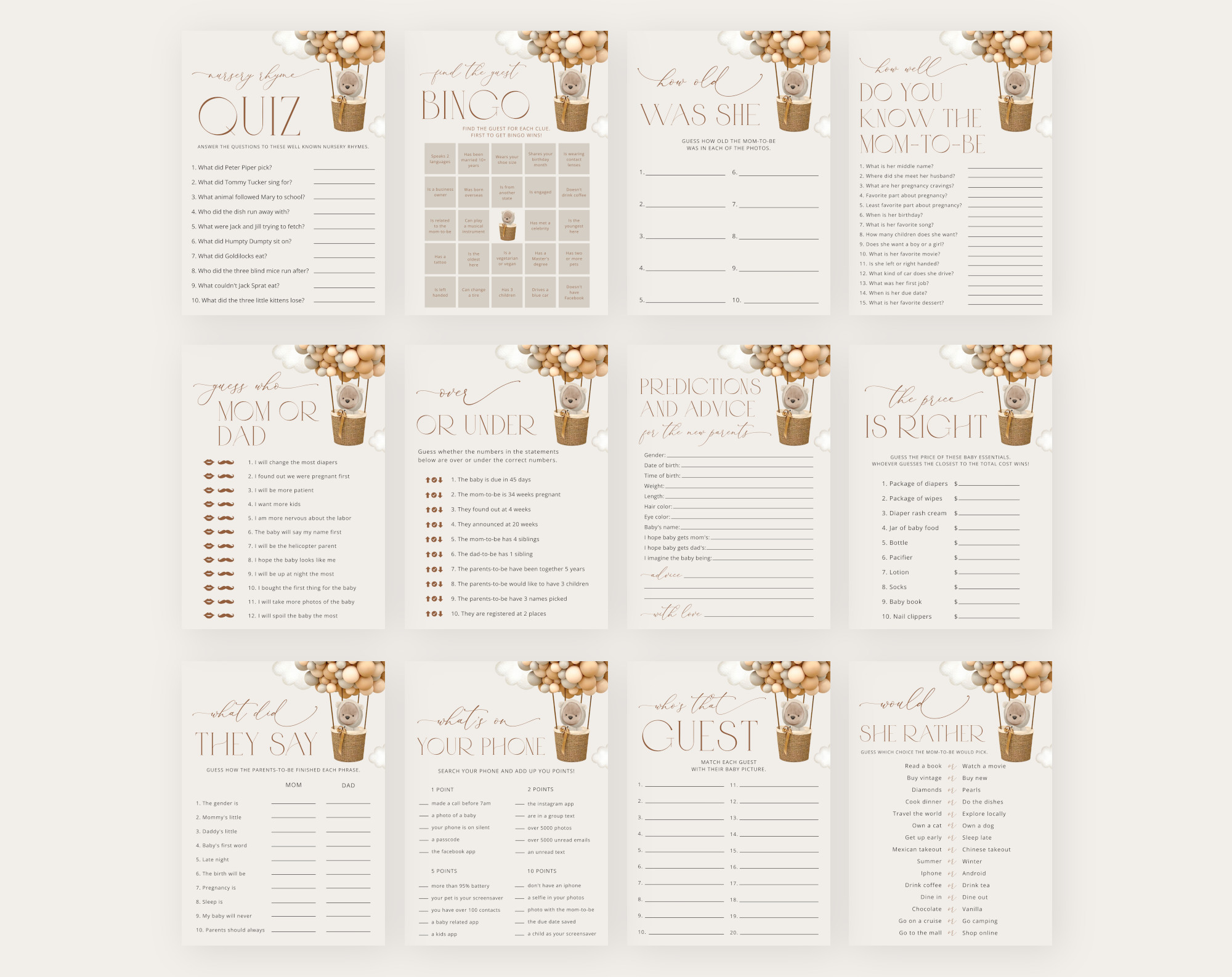 Bear and Beige Balloons Baby Shower Games Bundle, Set of 35 Games, Gender Neutral Baby Shower, Printable File, Edit Yourself, SH54 Bear and Beige Balloons Baby Shower Games Bundle, Set of 35 Games, Gender Neutral Baby Shower, Printable File, Edit Yourself, SH54