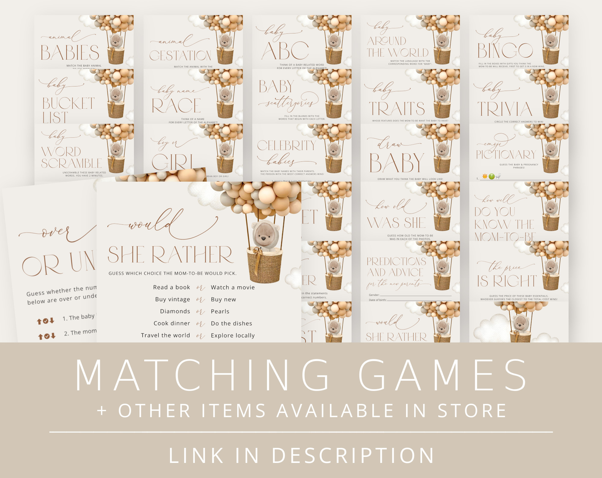 Bear and Beige Balloons Baby Shower Games Bundle, Set of 35 Games, Gender Neutral Baby Shower, Printable File, Edit Yourself, SH54
