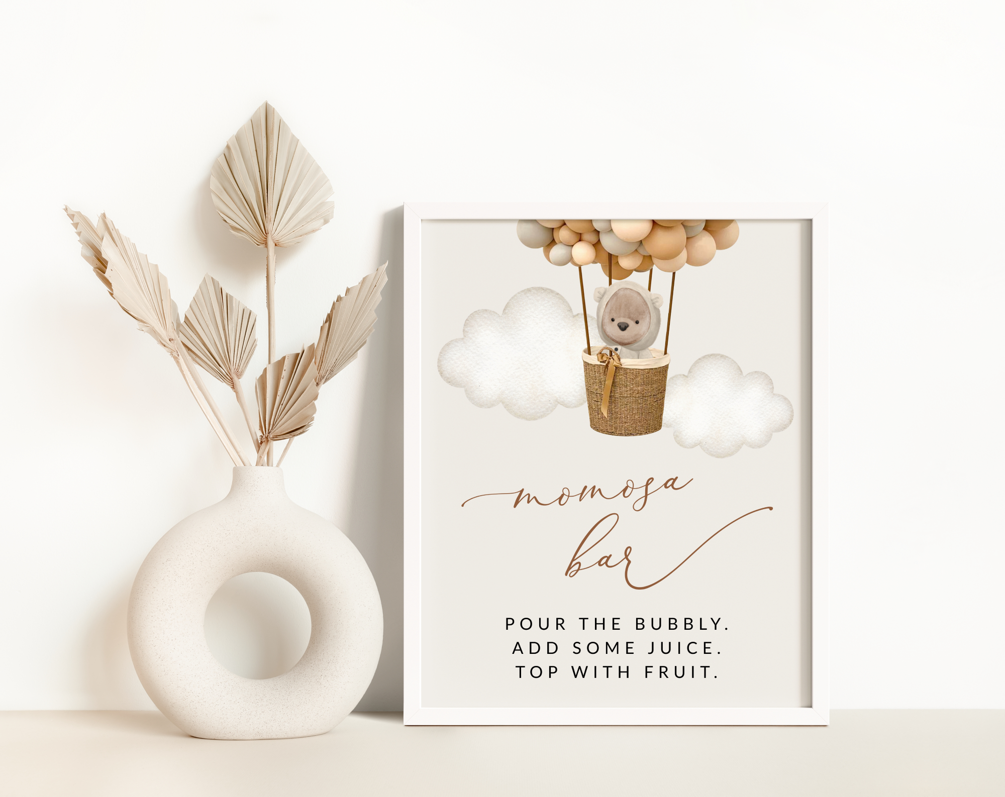 Bear and Beige Balloons Momosa Bar Sign, Baby Shower Sign, Gender Neutral Baby Shower, Printable File, Edit Yourself, SH54