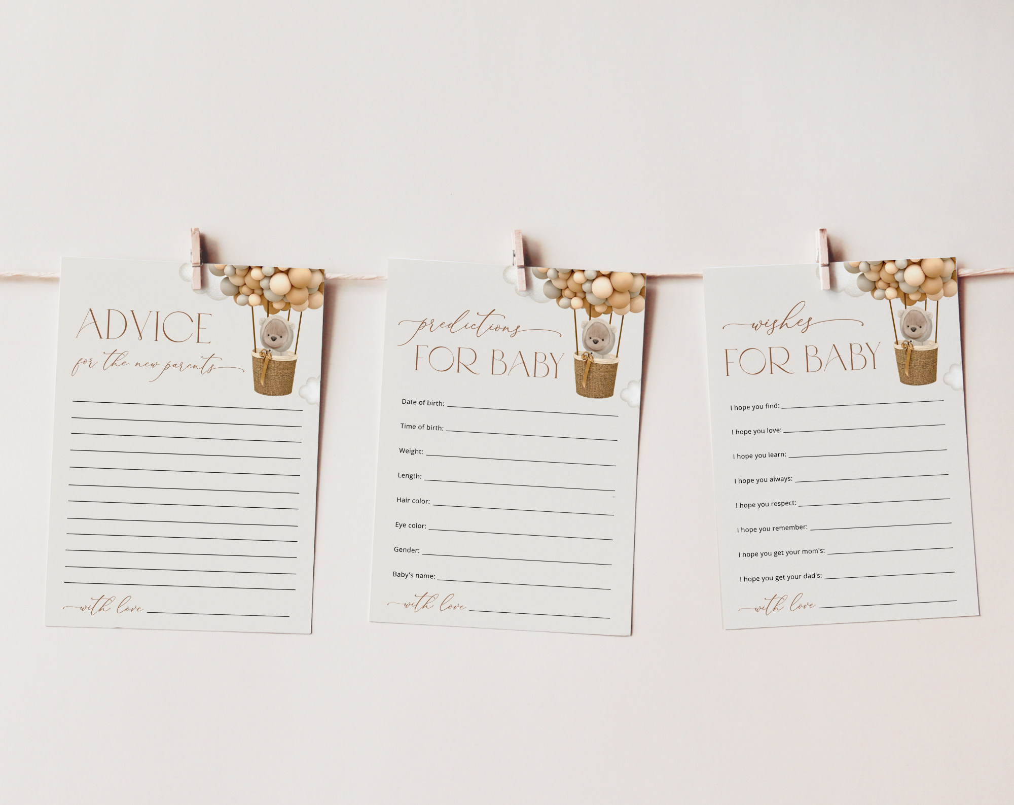 SH54 Set Of 3 Games 1 Bear and Beige Balloons Baby Shower Games, Set of 3 Games, Advice Predictions Wishes, Gender Neutral Baby Shower, Printable File, Edit Yourself, SH54