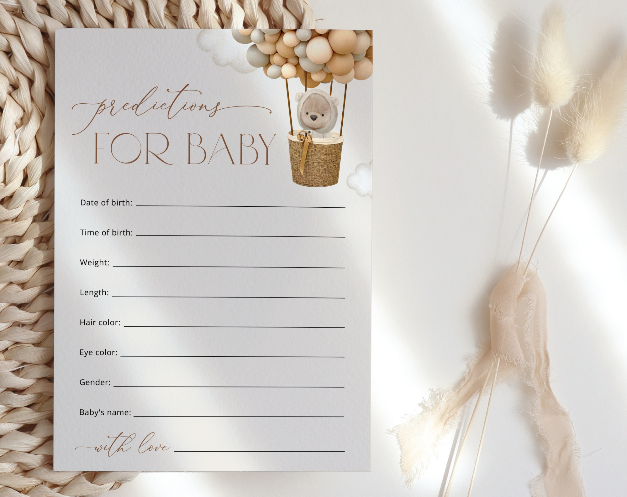 Bear and Beige Balloons Baby Shower Games, Set of 3 Games, Advice Predictions Wishes, Gender Neutral Baby Shower, Printable File, Edit Yourself, SH54