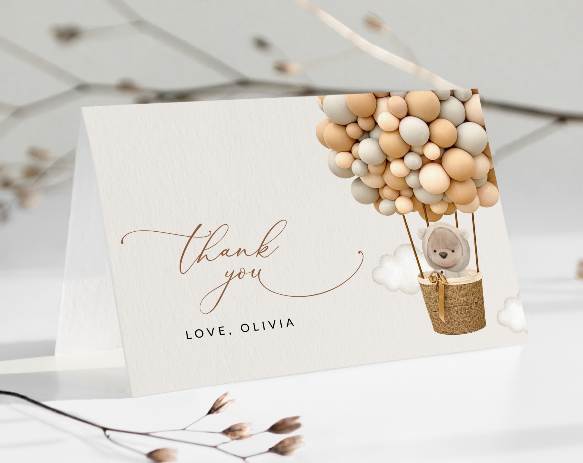Bear and Beige Balloons Thank You Card, Gender Neutral Baby Shower, Printable File, Edit Yourself, SH54 Bear and Beige Balloons Thank You Card, Gender Neutral Baby Shower, Printable File, Edit Yourself, SH54