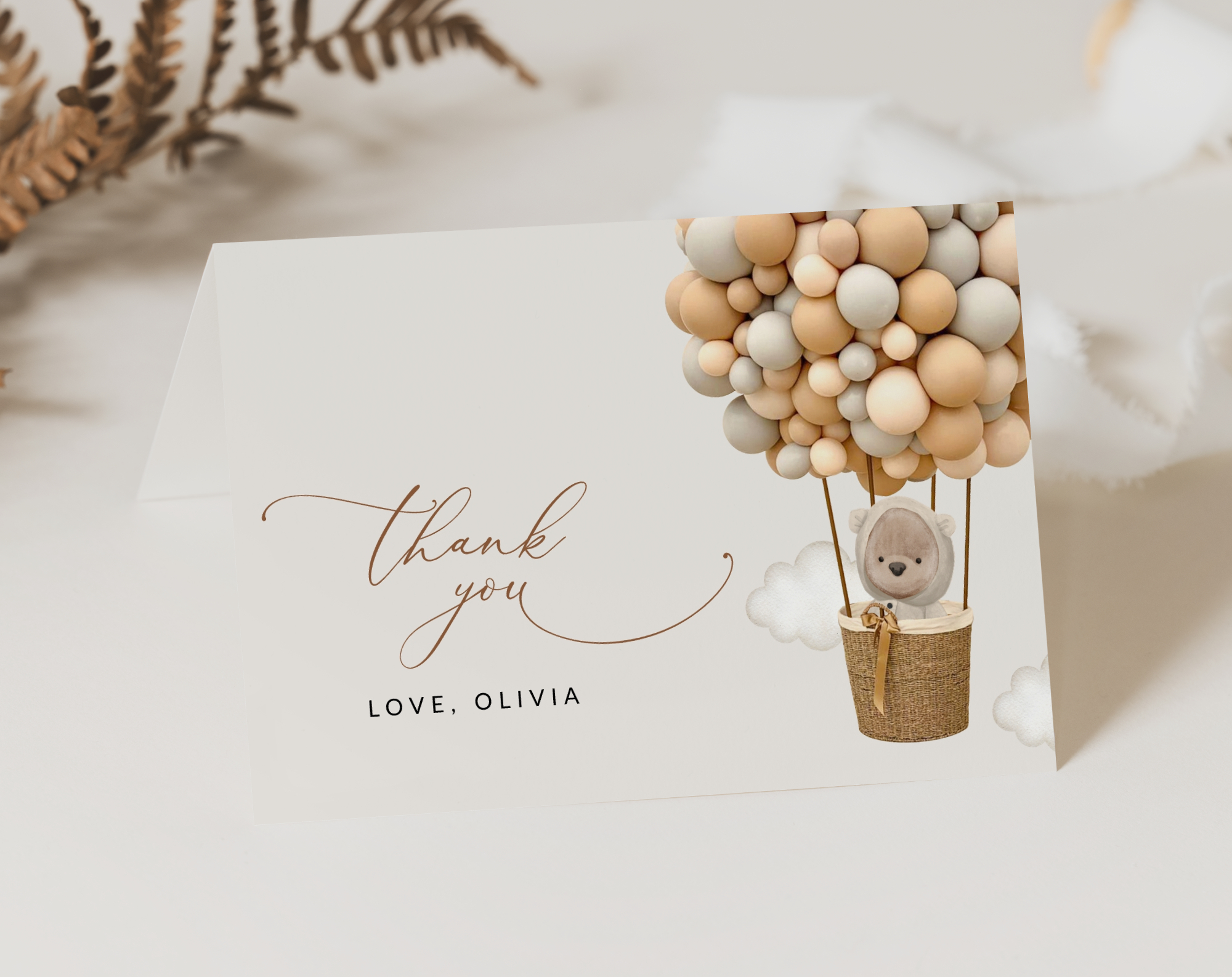 Bear and Beige Balloons Thank You Card, Gender Neutral Baby Shower, Printable File, Edit Yourself, SH54 Bear and Beige Balloons Thank You Card, Gender Neutral Baby Shower, Printable File, Edit Yourself, SH54