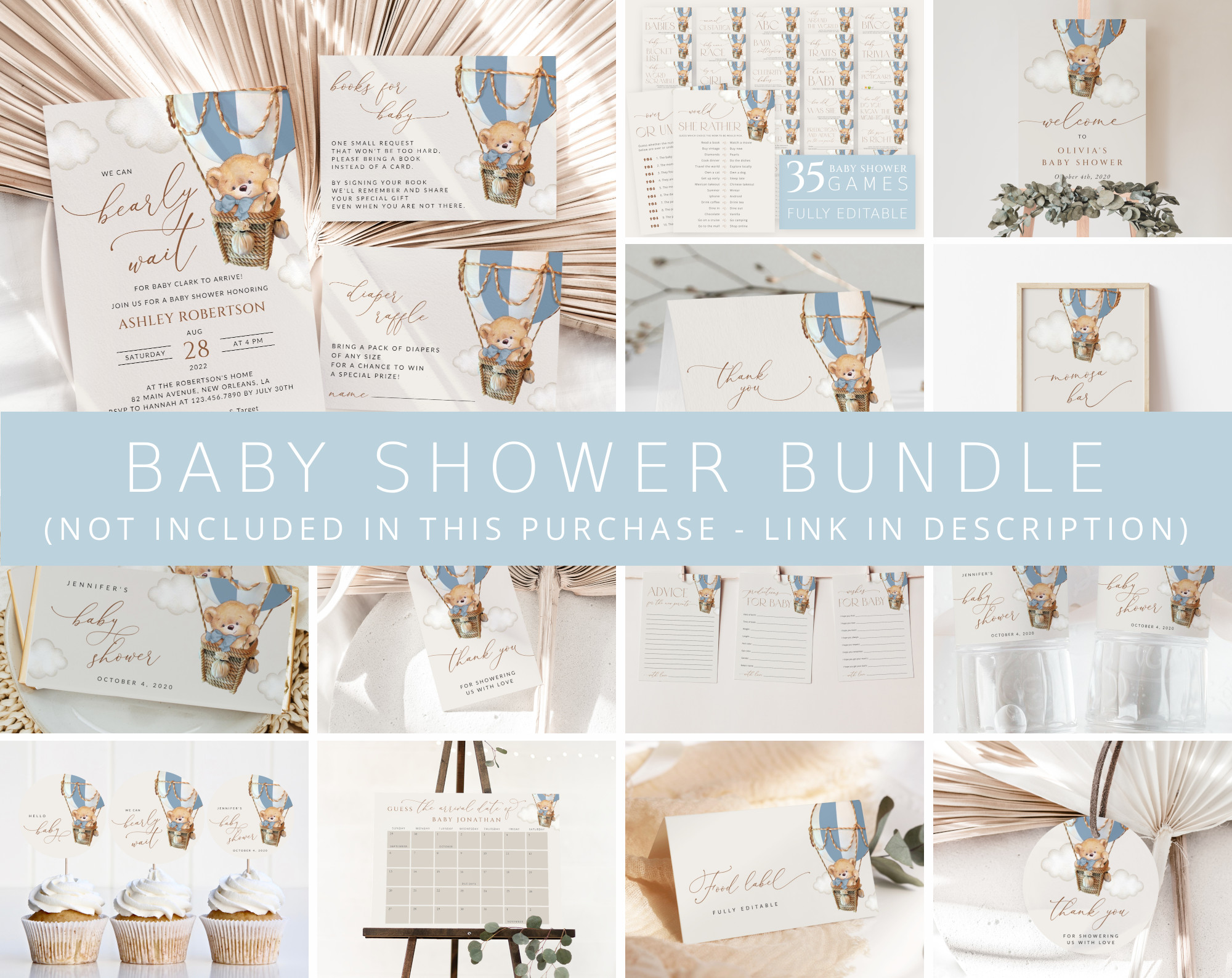 Bear in Blue Balloon Baby Shower Bundle, Boy Baby Shower, Printable File, Edit Yourself, SH55 Bear in Blue Balloon Baby Shower Bundle, Boy Baby Shower, Printable File, Edit Yourself, SH55