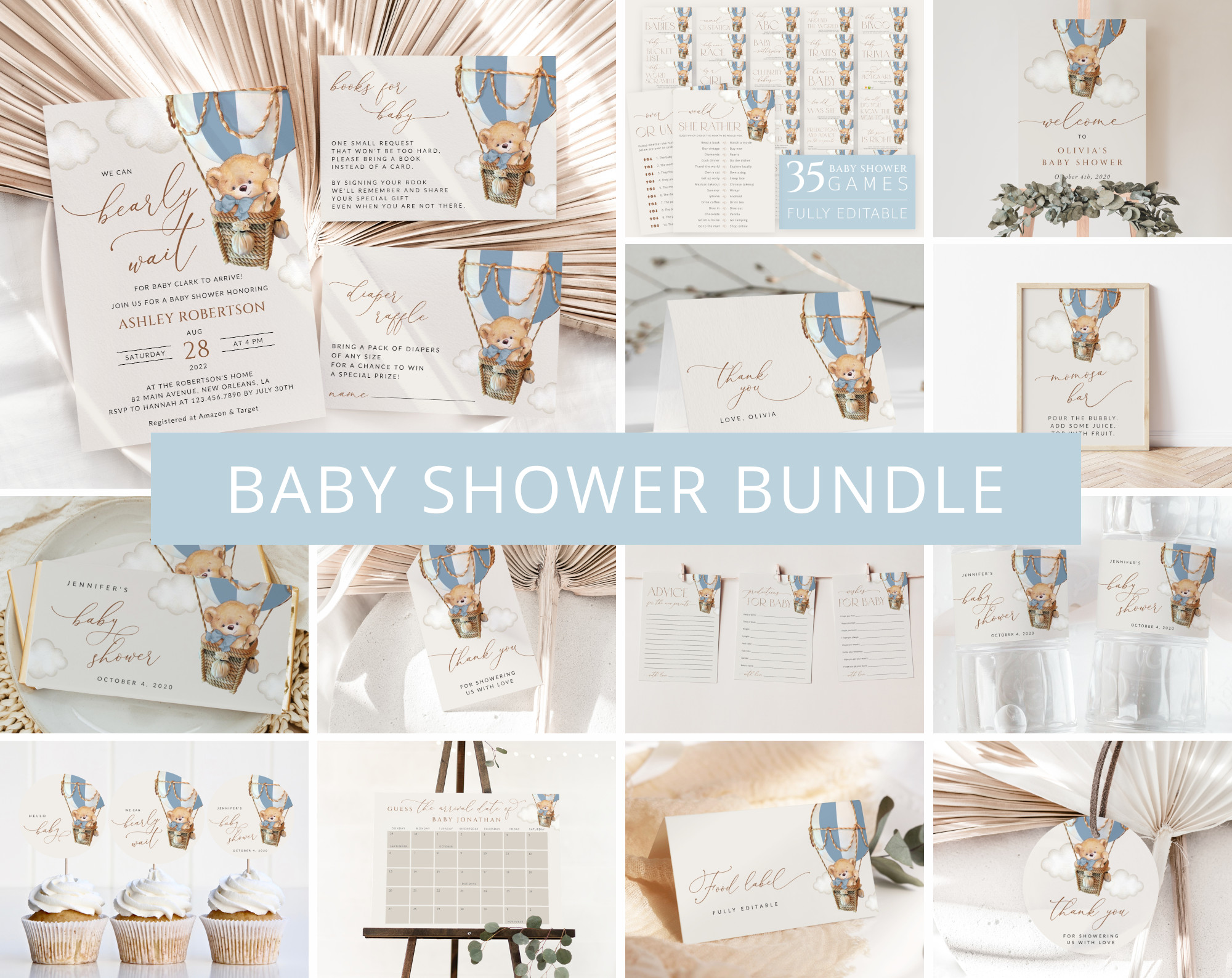 Bear in Blue Balloon Baby Shower Bundle, Boy Baby Shower, Printable File, Edit Yourself, SH55 Bear in Blue Balloon Baby Shower Bundle, Boy Baby Shower, Printable File, Edit Yourself, SH55