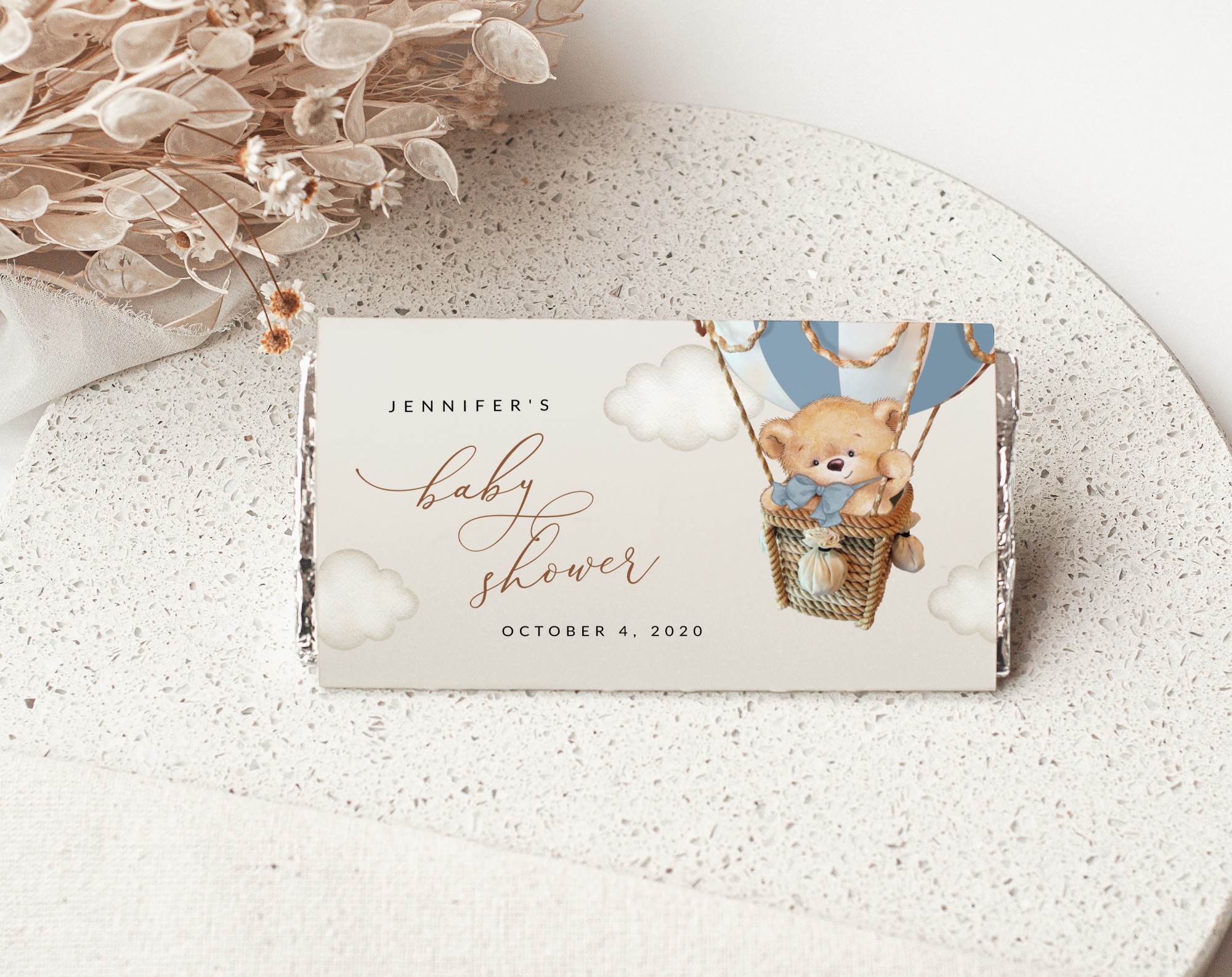 Bear in Blue Balloon Chocolate Bar Wrapper, Candy Bar Wrapper, Boy Baby Shower, Printable File, Edit Yourself, SH55