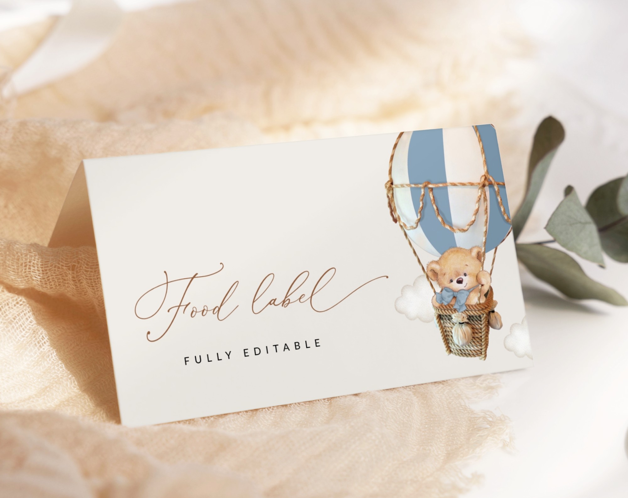 Bear in Blue Balloon Food Label, Baby Shower Decoration, Boy Baby Shower, Printable File, Edit Yourself, SH55