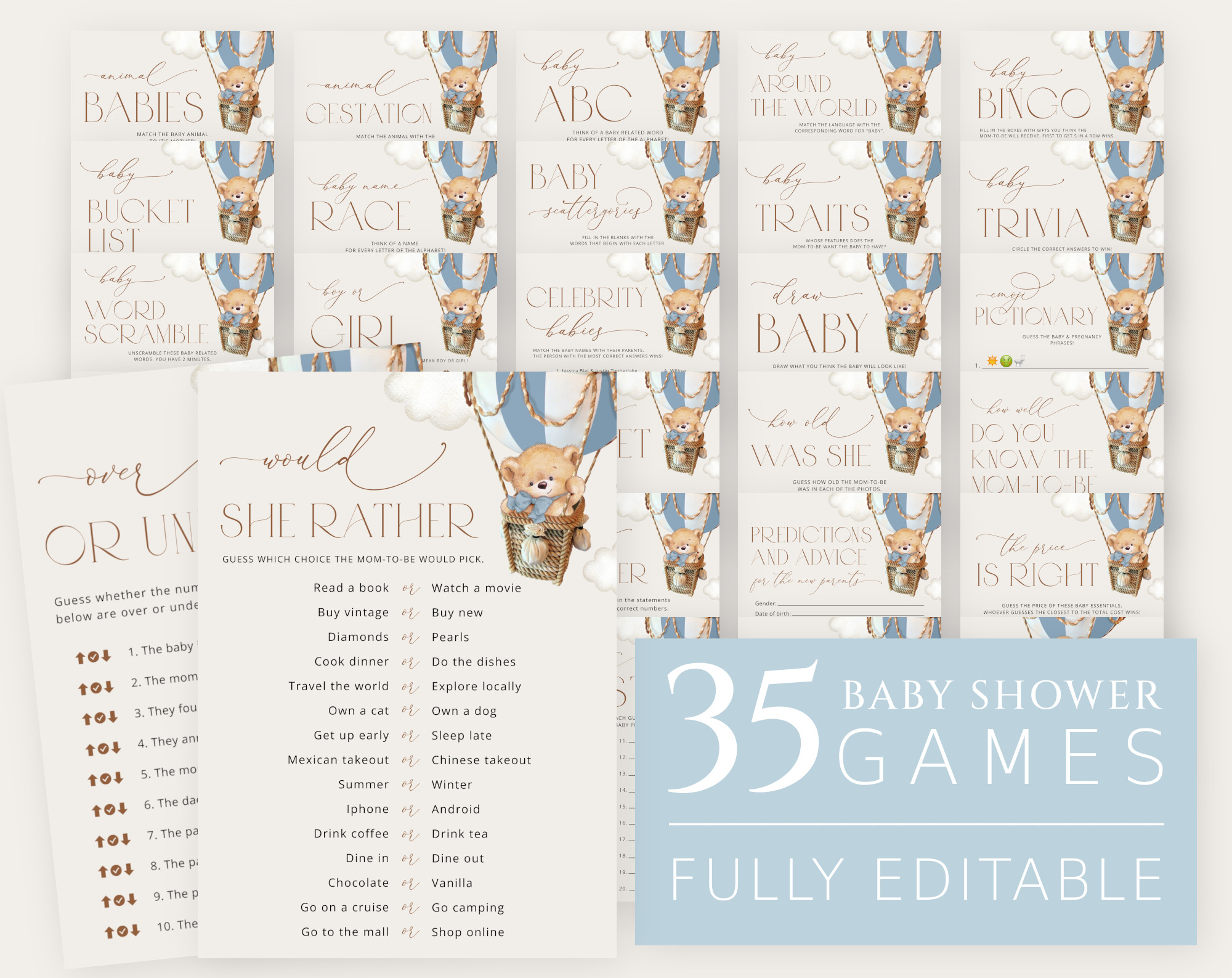 Bear in Blue Balloon Baby Shower Games Bundle, Set of 35 Games, Boy Baby Shower, Printable File, Edit Yourself, SH55 Bear in Blue Balloon Baby Shower Games Bundle, Set of 35 Games, Boy Baby Shower, Printable File, Edit Yourself, SH55