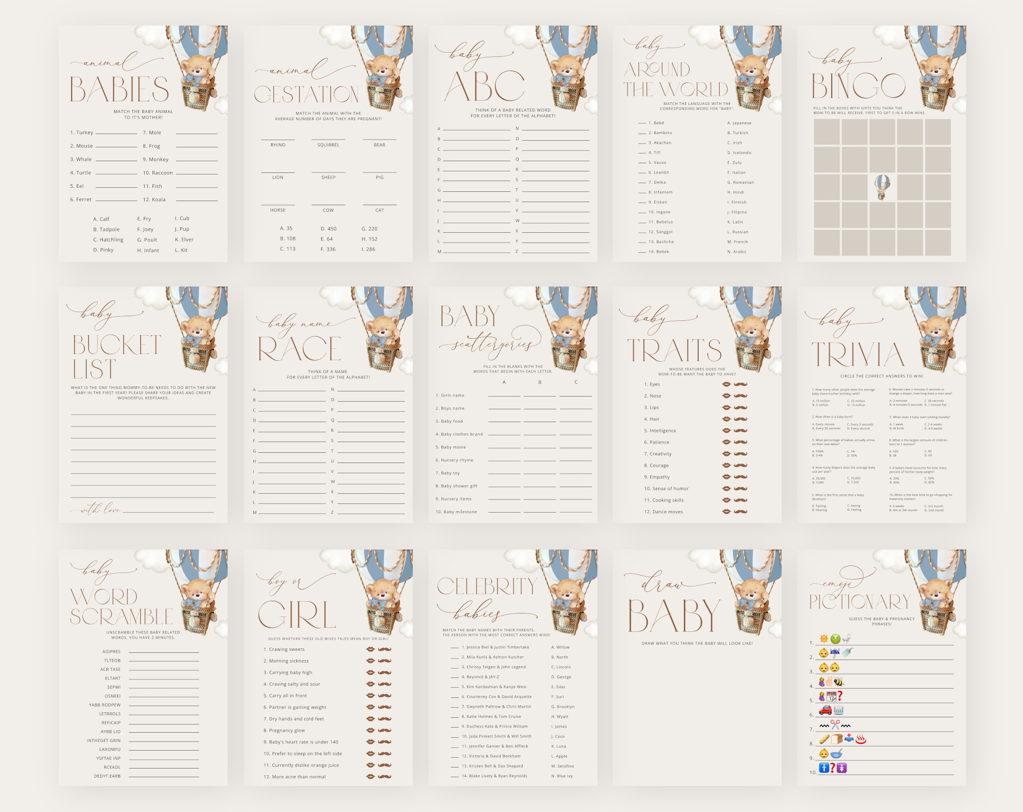 Bear in Blue Balloon Baby Shower Games Bundle, Set of 35 Games, Boy Baby Shower, Printable File, Edit Yourself, SH55 Bear in Blue Balloon Baby Shower Games Bundle, Set of 35 Games, Boy Baby Shower, Printable File, Edit Yourself, SH55