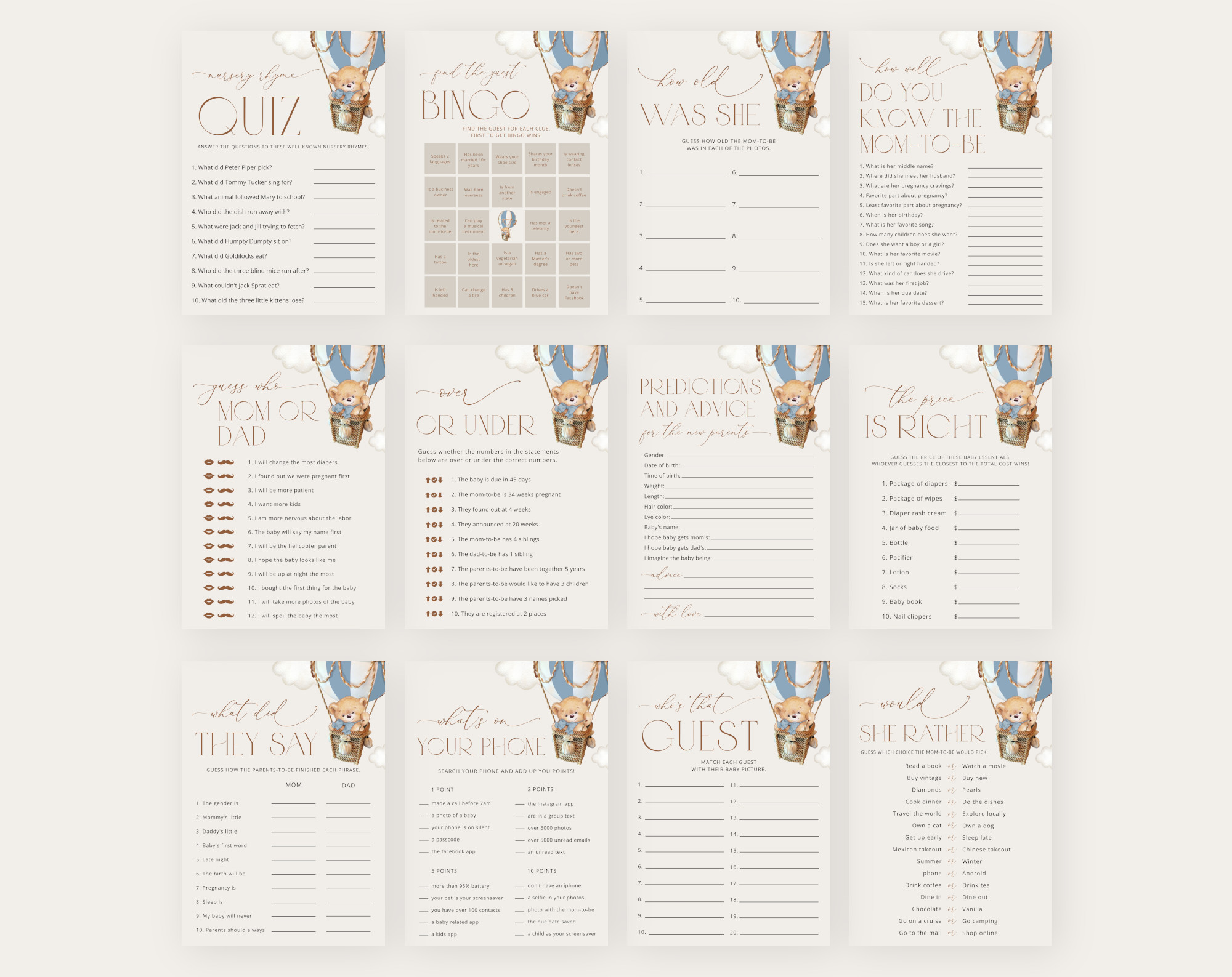 Bear in Blue Balloon Baby Shower Games Bundle, Set of 35 Games, Boy Baby Shower, Printable File, Edit Yourself, SH55 Bear in Blue Balloon Baby Shower Games Bundle, Set of 35 Games, Boy Baby Shower, Printable File, Edit Yourself, SH55