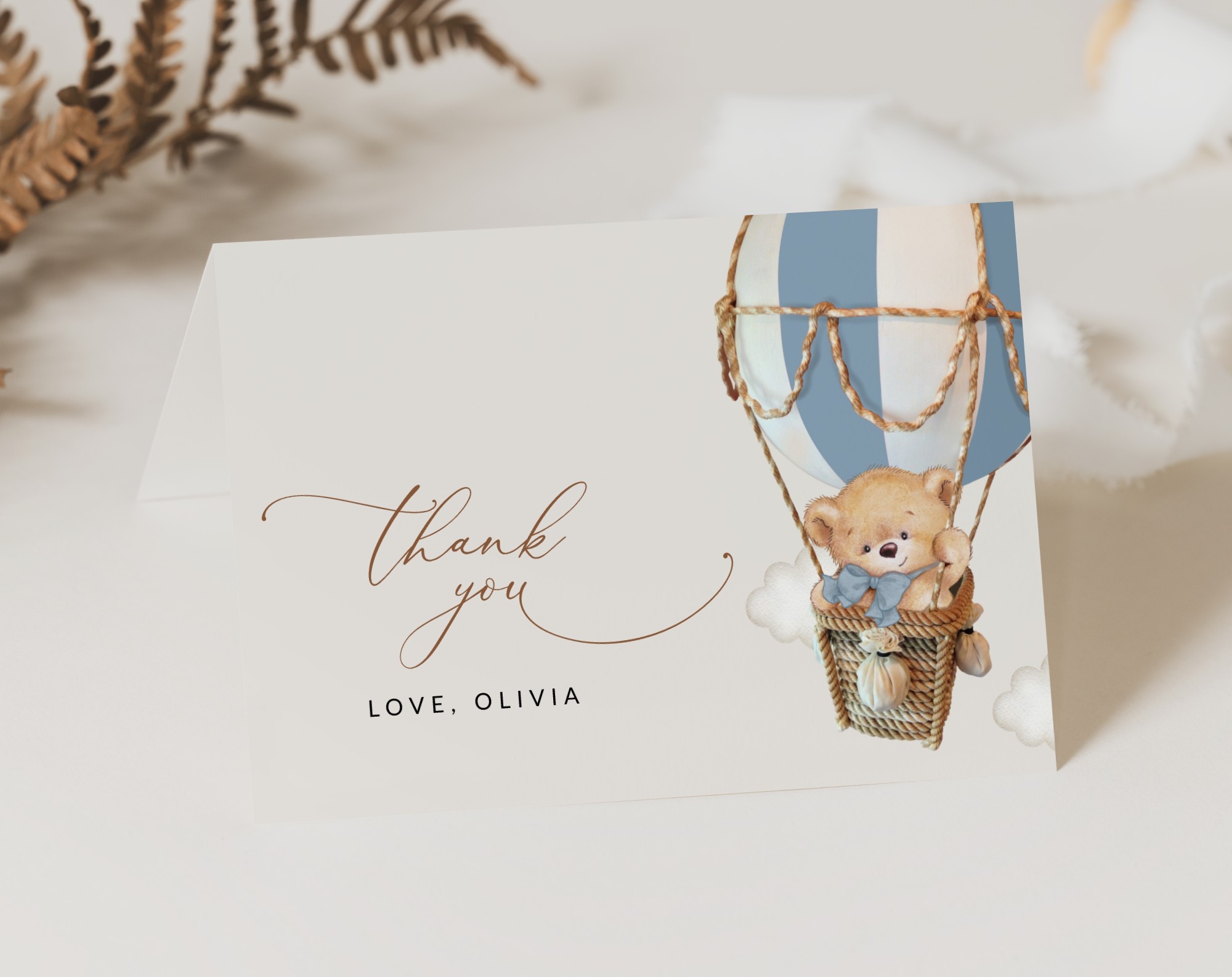 Bear in Blue Balloon Thank You Card, Boy Baby Shower, Printable File, Edit Yourself, SH55