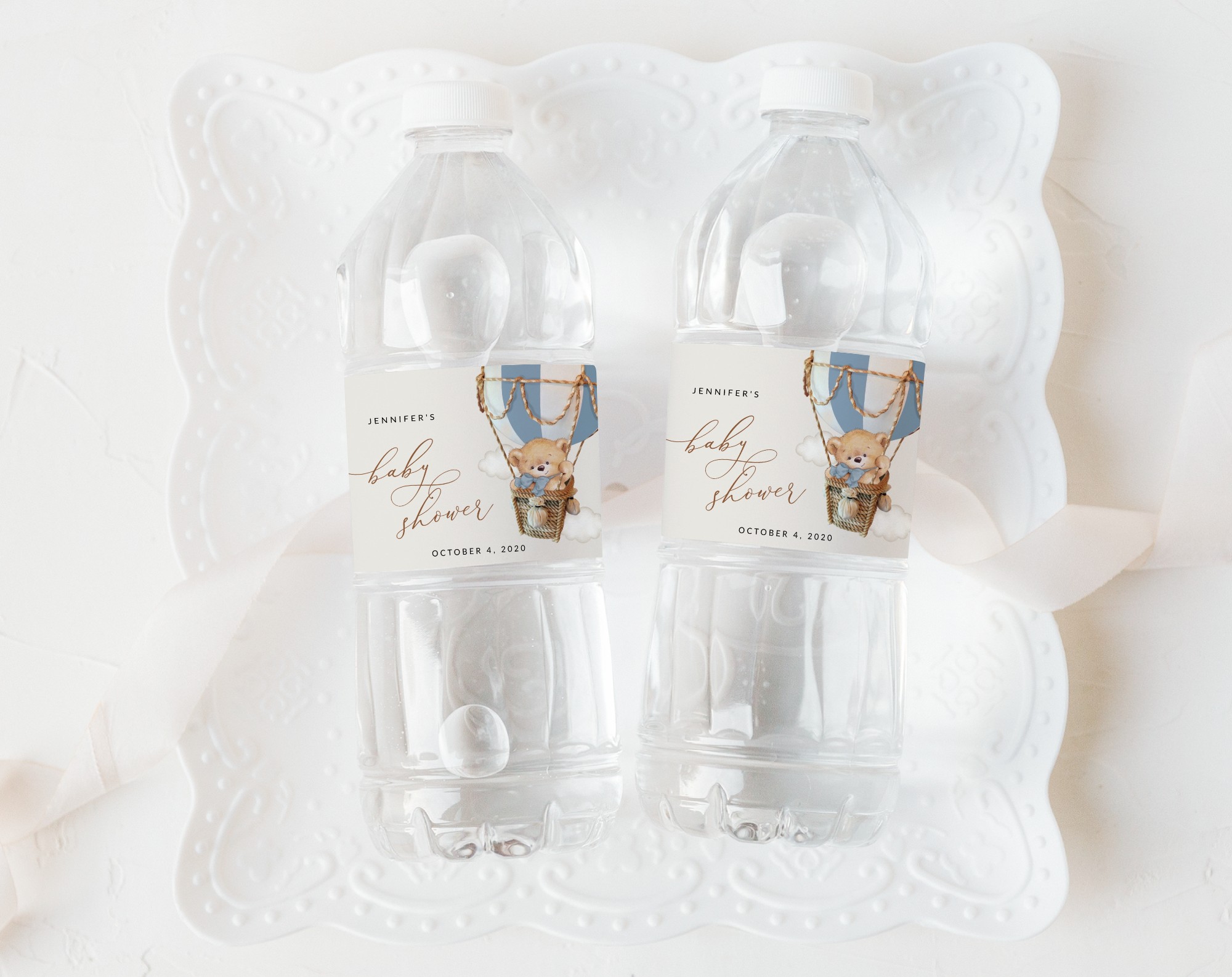 Bear in Blue Balloon Water Bottle Labels, Boy Baby Shower, Printable File, Edit Yourself, SH55