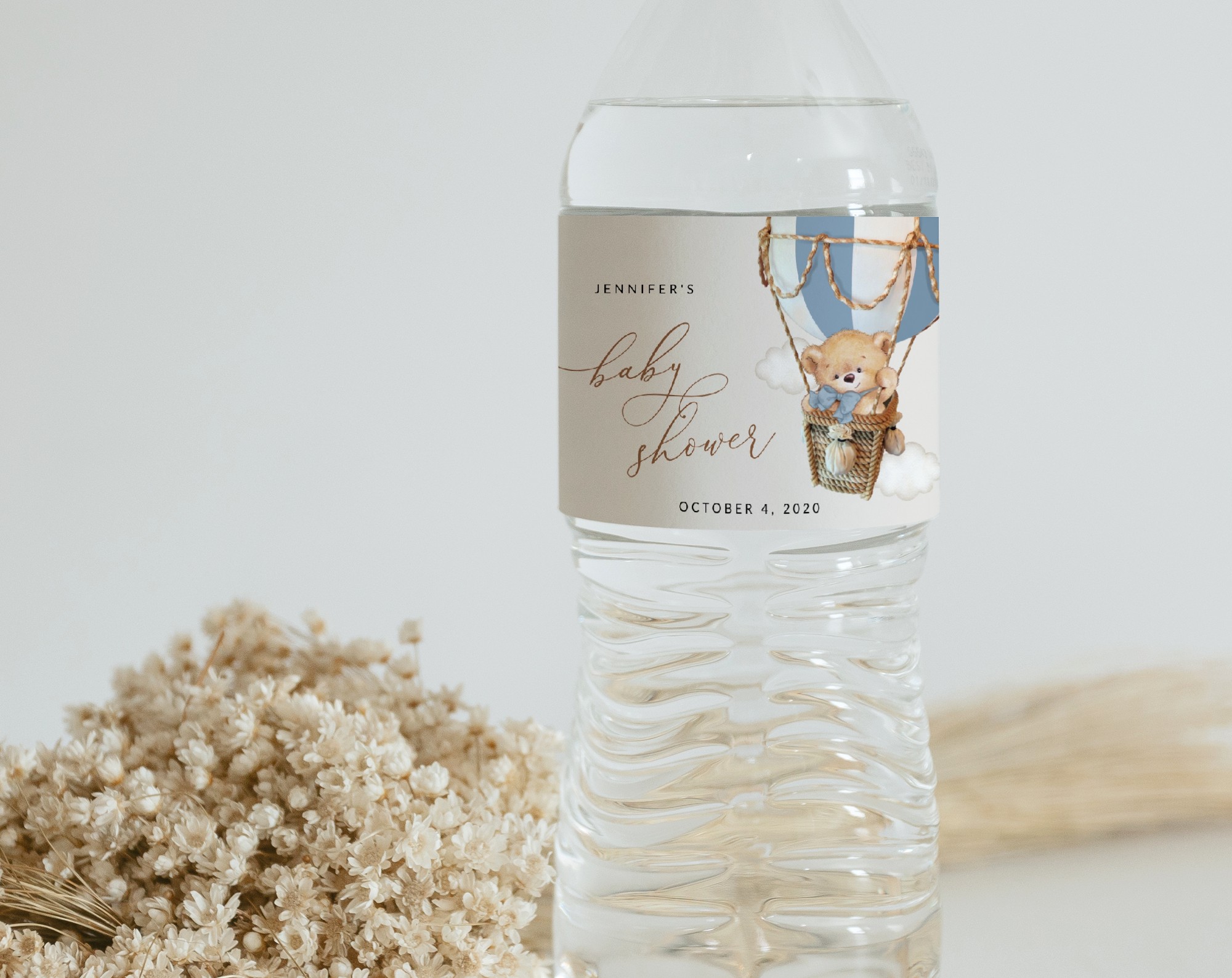 Bear in Blue Balloon Water Bottle Labels, Boy Baby Shower, Printable File, Edit Yourself, SH55