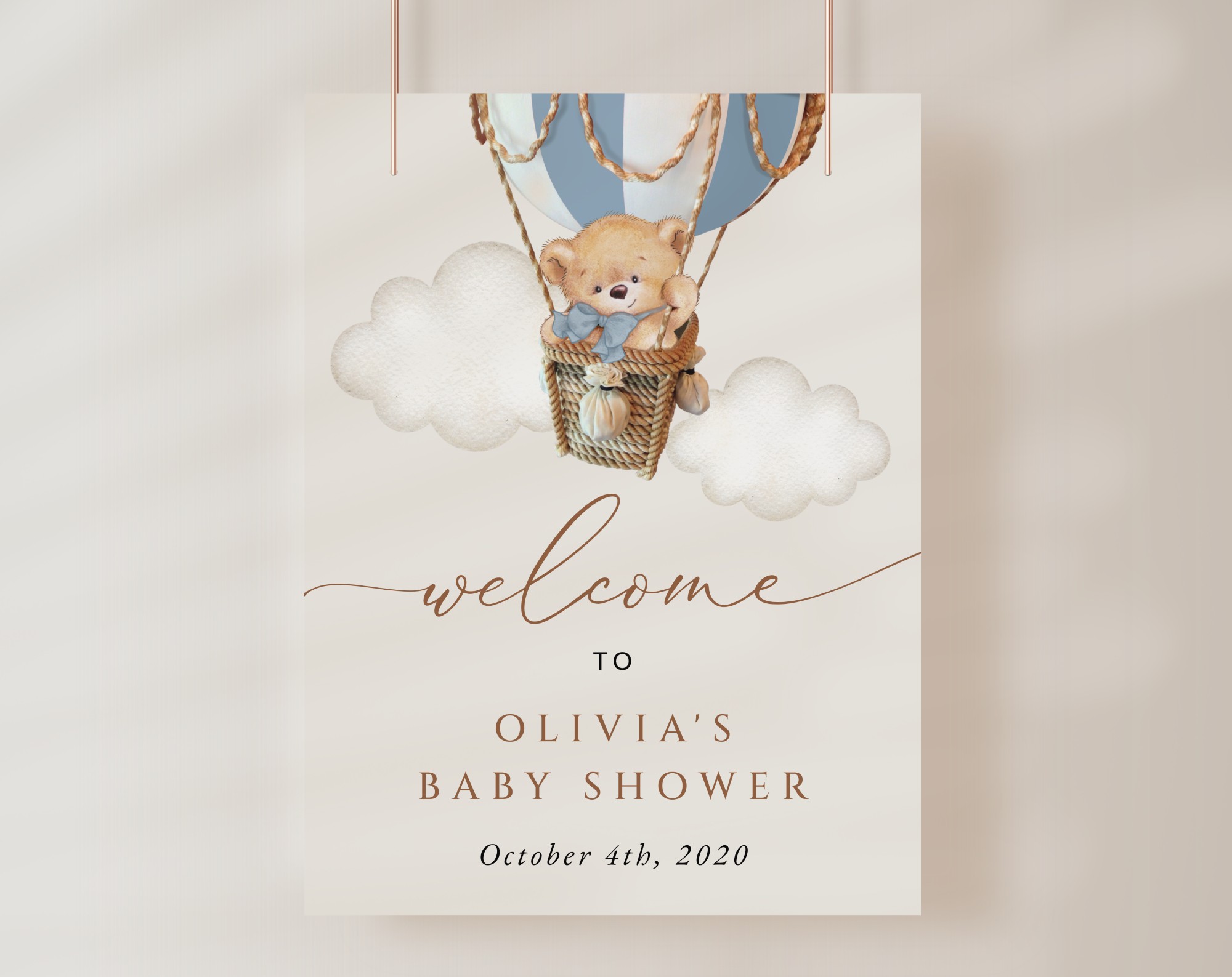 Bear in Blue Balloon Welcome Sign, Baby Shower Sign, Boy Baby Shower, Printable File, Edit Yourself, SH55
