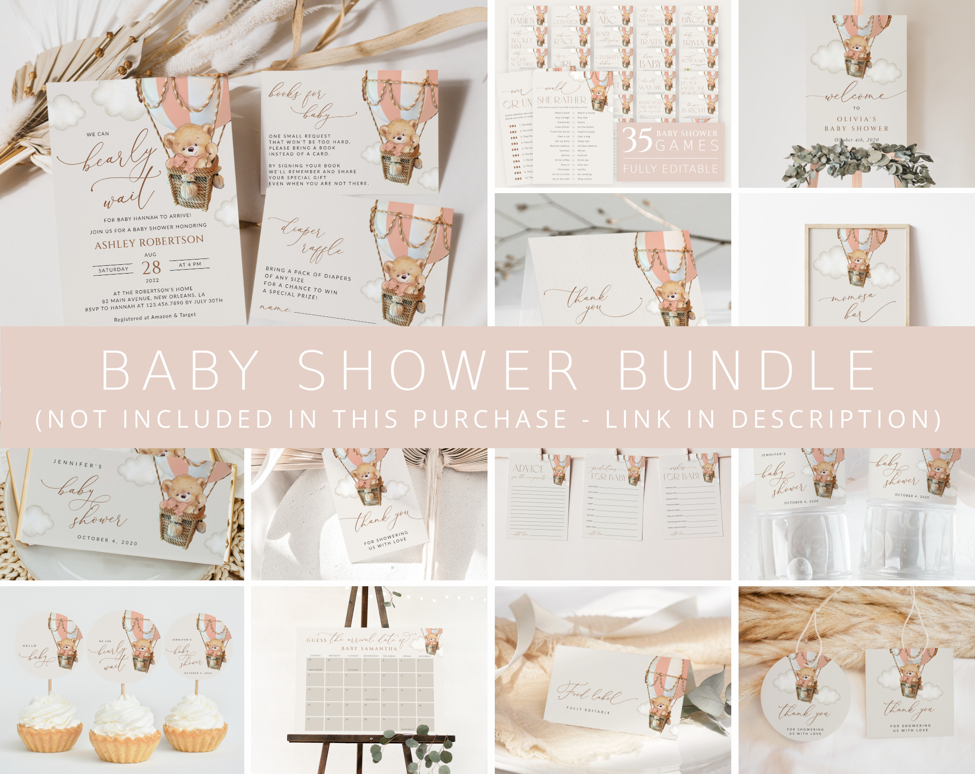 Bear in Pink Balloon Baby Shower Bundle, Girl Baby Shower, Printable File, Edit Yourself, SH56
