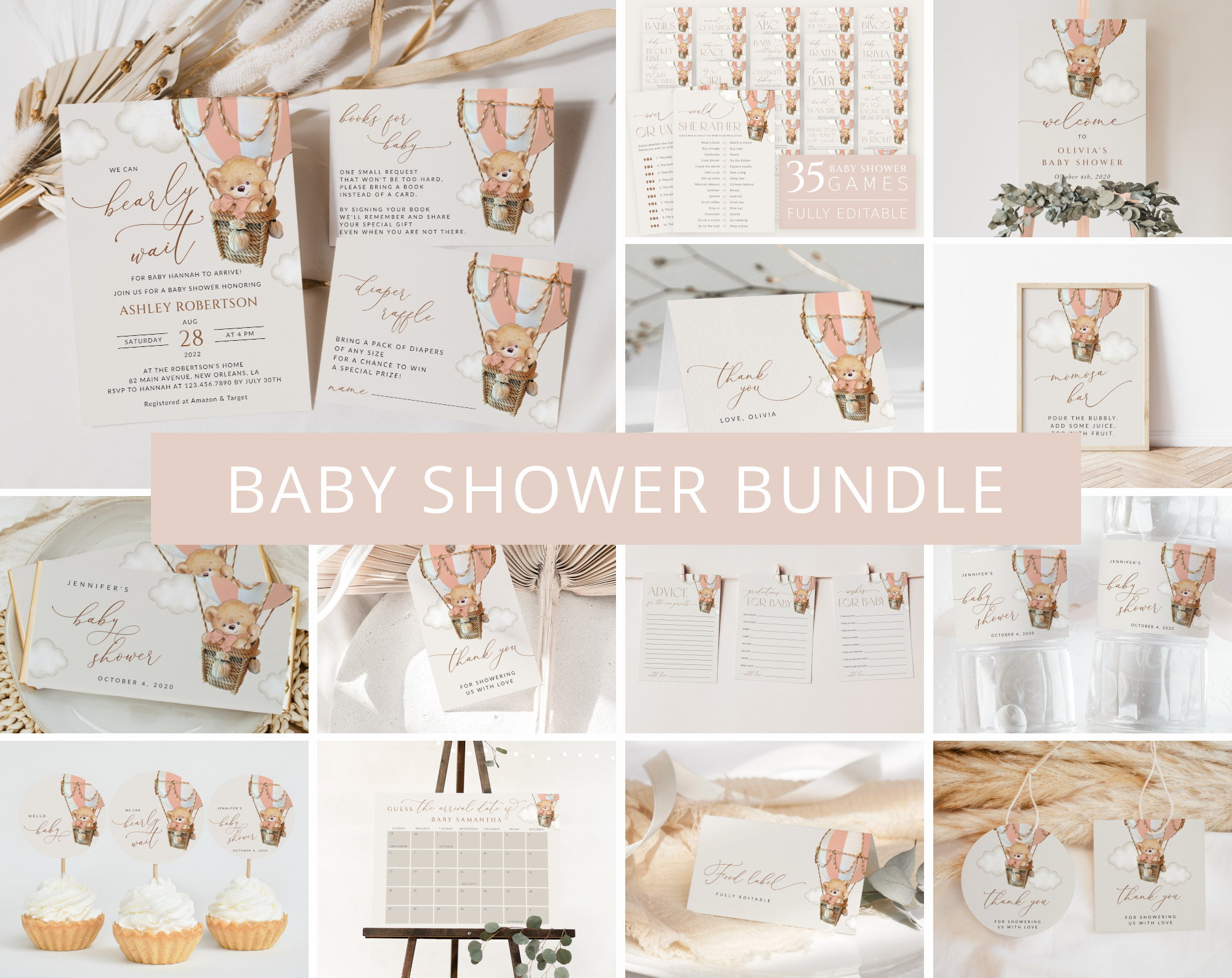 Bear in Pink Balloon Baby Shower Bundle, Girl Baby Shower, Printable File, Edit Yourself, SH56 Bear in Pink Balloon Baby Shower Bundle, Girl Baby Shower, Printable File, Edit Yourself, SH56