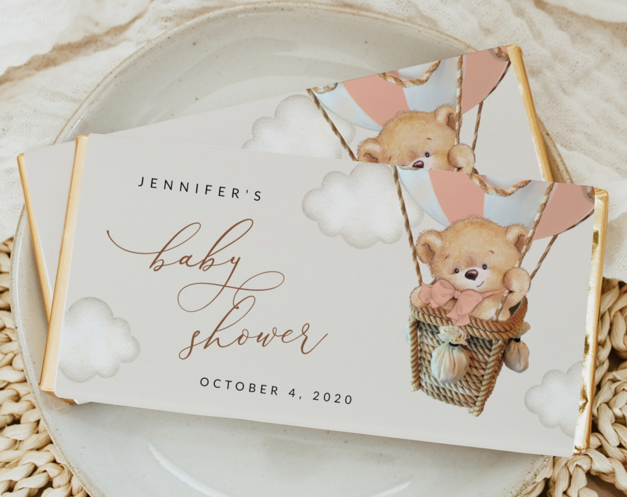 Bear in Pink Balloon Chocolate Bar Wrapper, Candy Bar Wrapper, Girl Baby Shower, Printable File, Edit Yourself, SH56