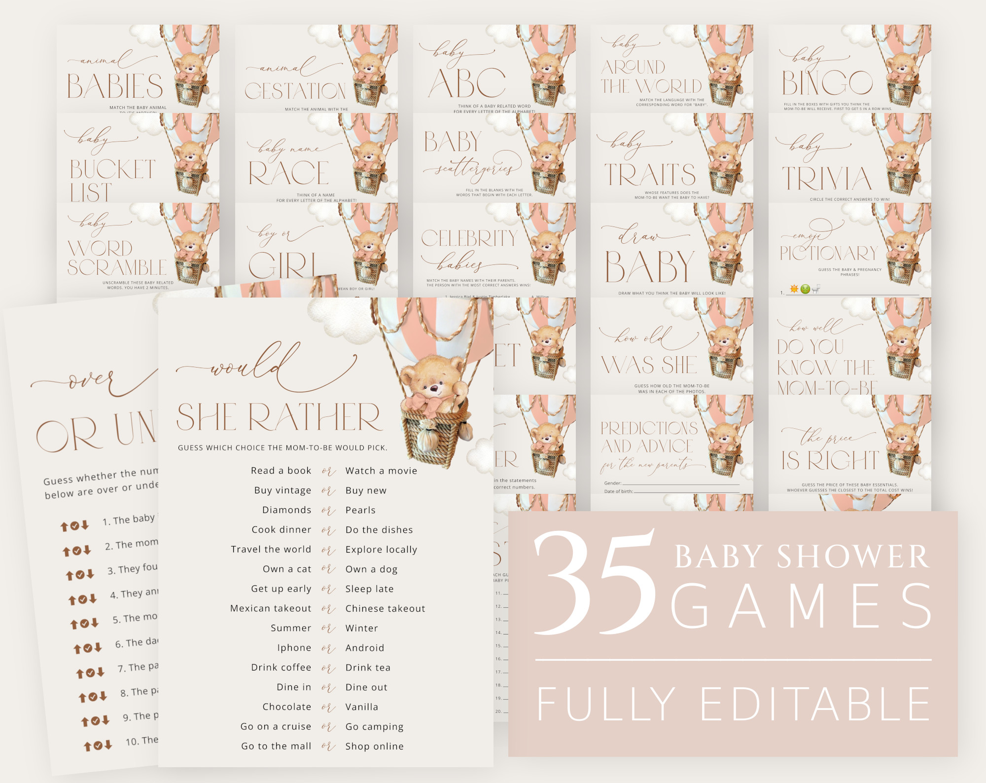 Bear in Pink Balloon Baby Shower Games Bundle, Set of 35 Games, Girl Baby Shower, Printable File, Edit Yourself, SH56 Bear in Pink Balloon Baby Shower Games Bundle, Set of 35 Games, Girl Baby Shower, Printable File, Edit Yourself, SH56