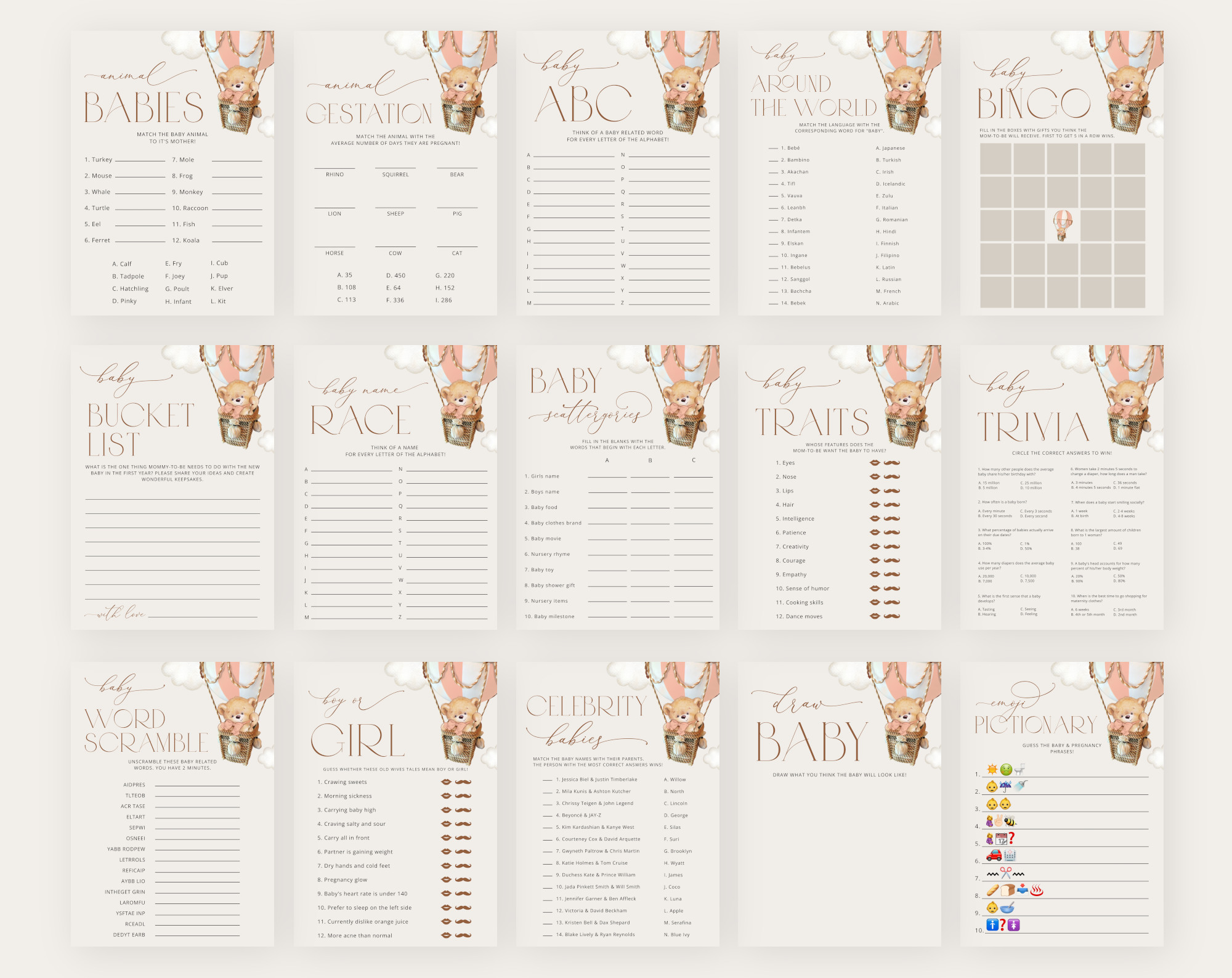 Bear in Pink Balloon Baby Shower Games Bundle, Set of 35 Games, Girl Baby Shower, Printable File, Edit Yourself, SH56 Bear in Pink Balloon Baby Shower Games Bundle, Set of 35 Games, Girl Baby Shower, Printable File, Edit Yourself, SH56