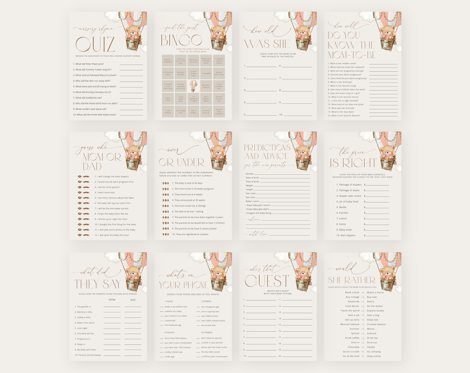 Bear in Pink Balloon Baby Shower Games Bundle, Set of 35 Games, Girl Baby Shower, Printable File, Edit Yourself, SH56 Bear in Pink Balloon Baby Shower Games Bundle, Set of 35 Games, Girl Baby Shower, Printable File, Edit Yourself, SH56