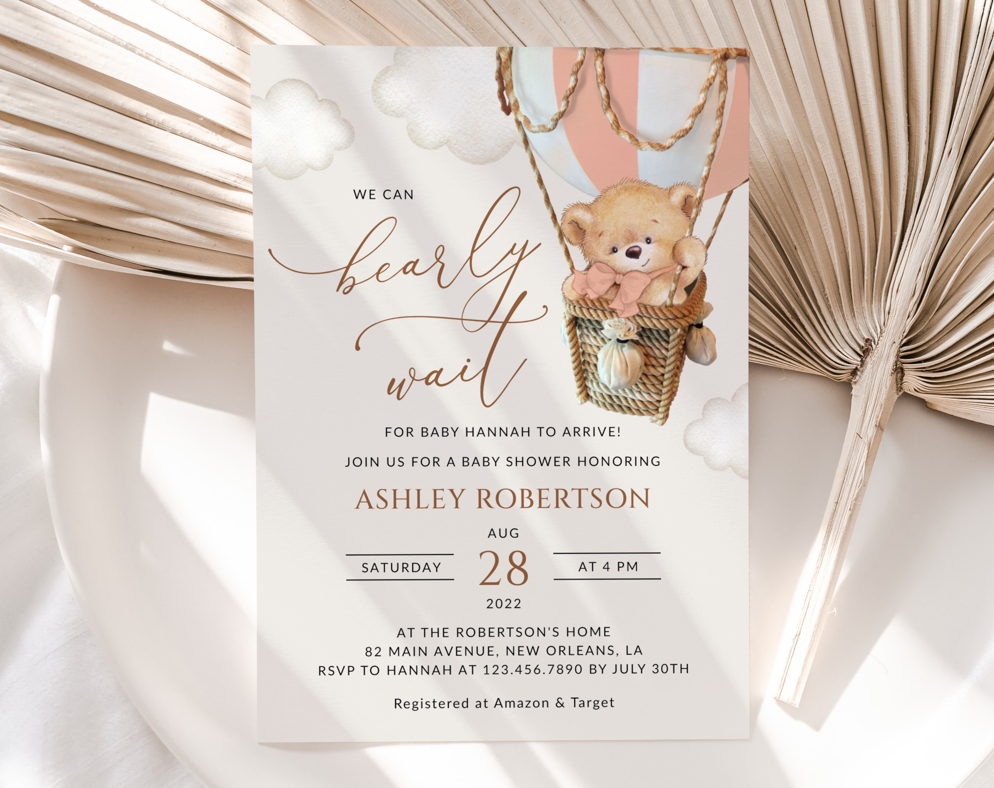 Bear in Pink Balloon Baby Shower Invitation, Girl Baby Shower, Printable File, Edit Yourself, SH56