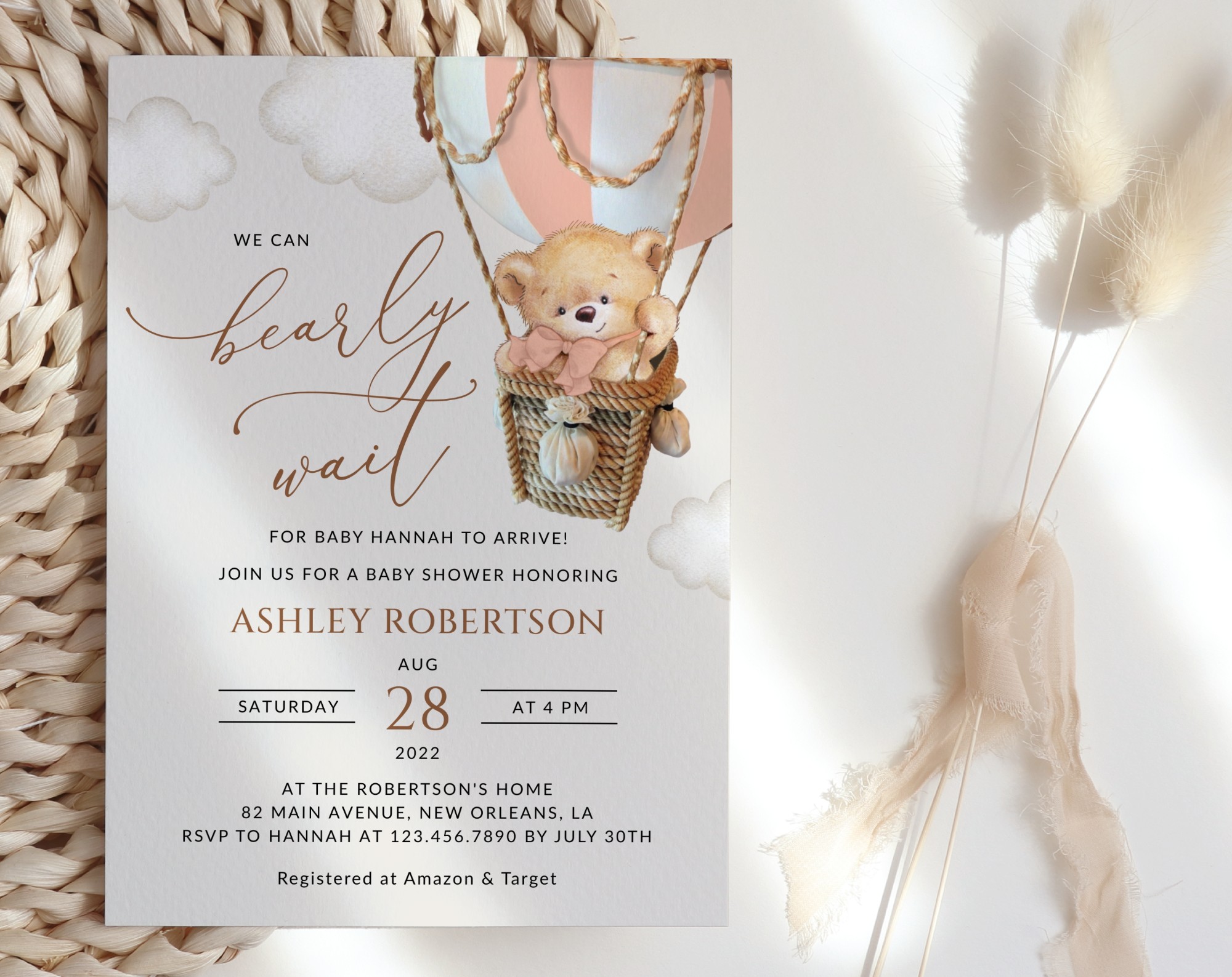 Bear in Pink Balloon Baby Shower Invitation, Girl Baby Shower, Printable File, Edit Yourself, SH56