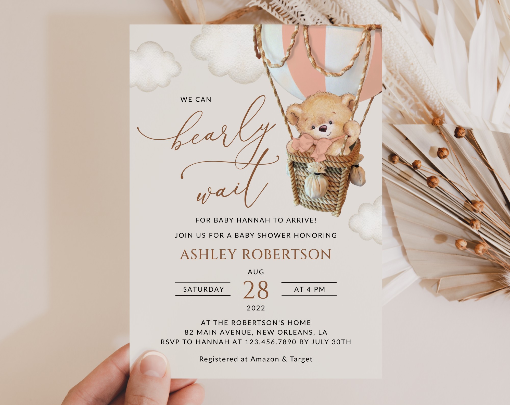 Bear in Pink Balloon Baby Shower Invitation, Girl Baby Shower, Printable File, Edit Yourself, SH56