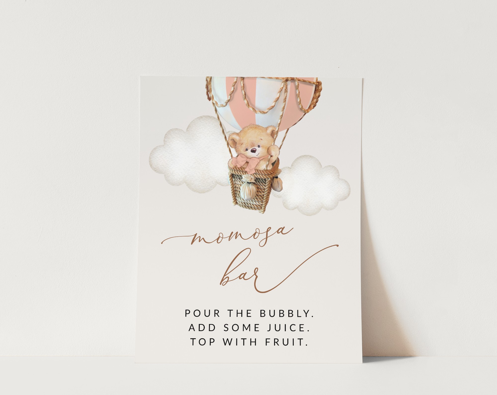 Bear in Pink Balloon Momosa Bar Sign, Baby Shower Sign, Girl Baby Shower, Printable File, Edit Yourself, SH56