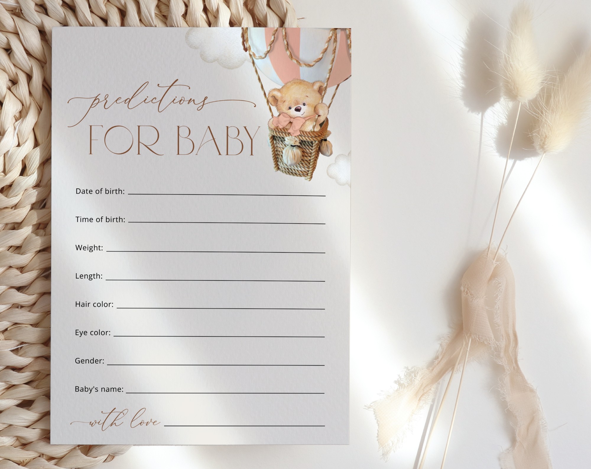 Bear in Pink Balloon Baby Shower Games, Set of 3 Games, Advice Predictions Wishes, Girl Baby Shower, Printable File, Edit Yourself, SH56