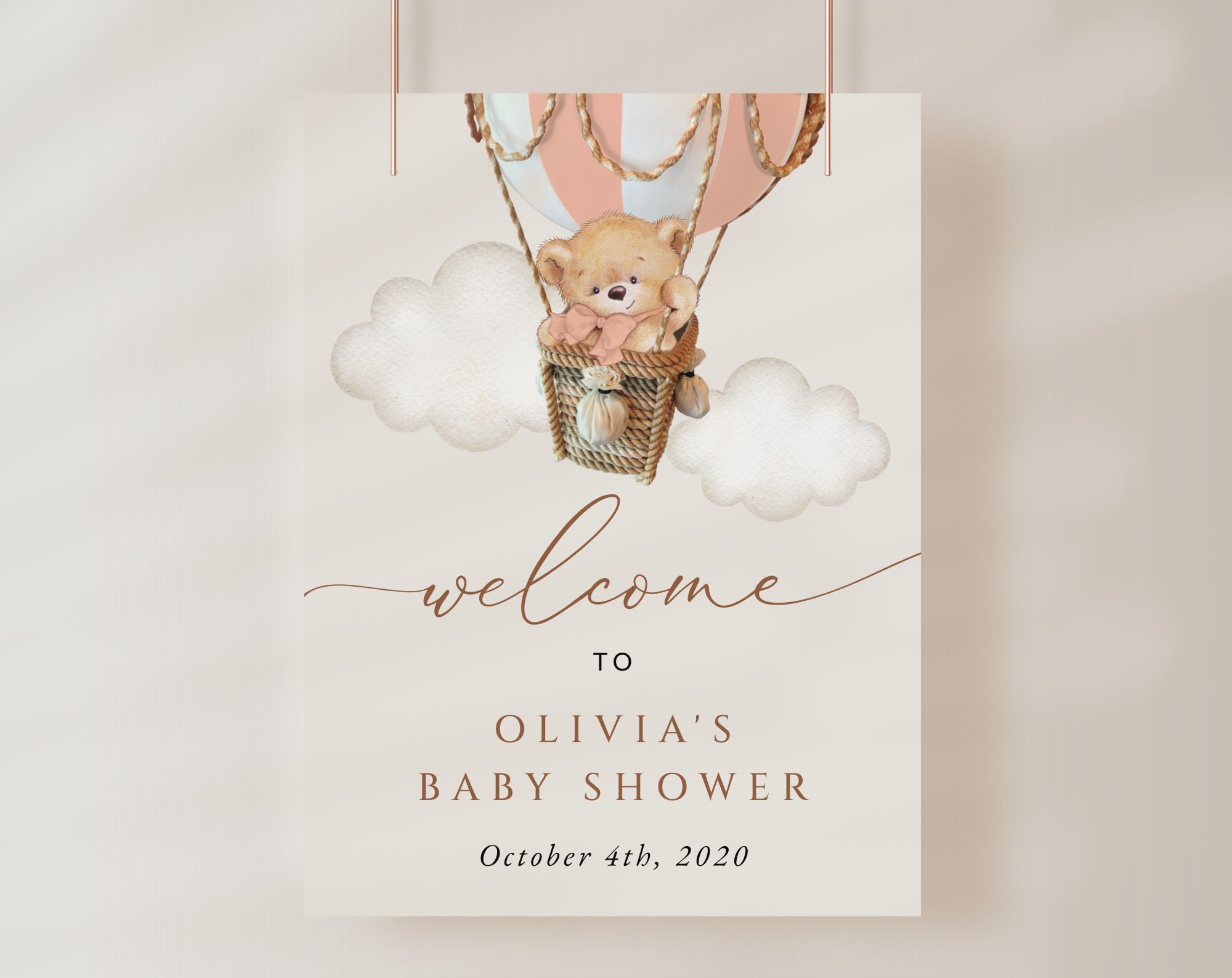 Bear in Pink Balloon Welcome Sign, Baby Shower Sign, Girl Baby Shower, Printable File, Edit Yourself, SH56