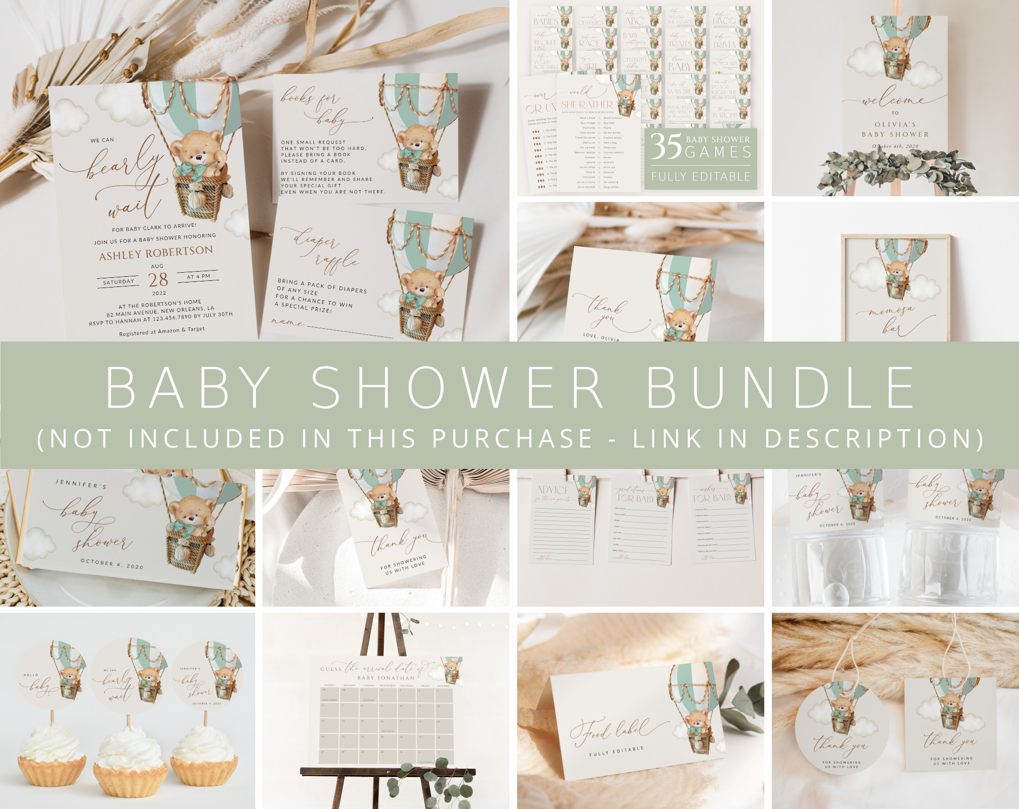 Bear in Green Balloon Baby Shower Bundle, Gender Neutral Baby Shower, Printable File, Edit Yourself, SH57 Bear in Green Balloon Baby Shower Bundle, Gender Neutral Baby Shower, Printable File, Edit Yourself, SH57