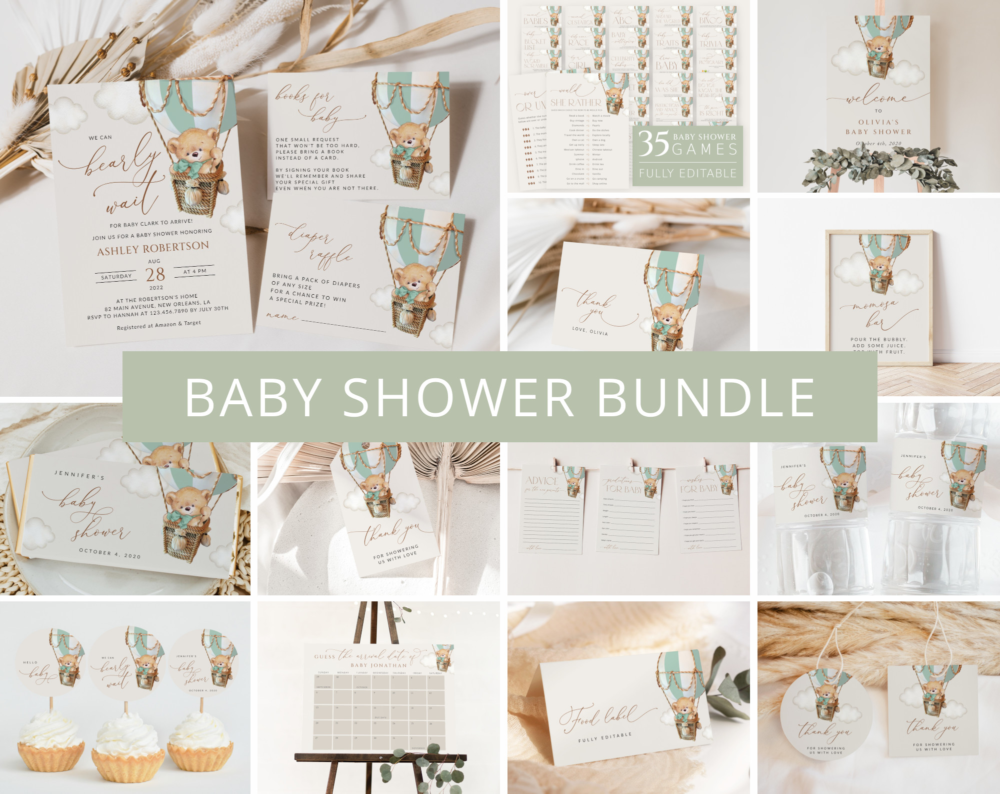 Bear in Green Balloon Baby Shower Bundle, Gender Neutral Baby Shower, Printable File, Edit Yourself, SH57 Bear in Green Balloon Baby Shower Bundle, Gender Neutral Baby Shower, Printable File, Edit Yourself, SH57