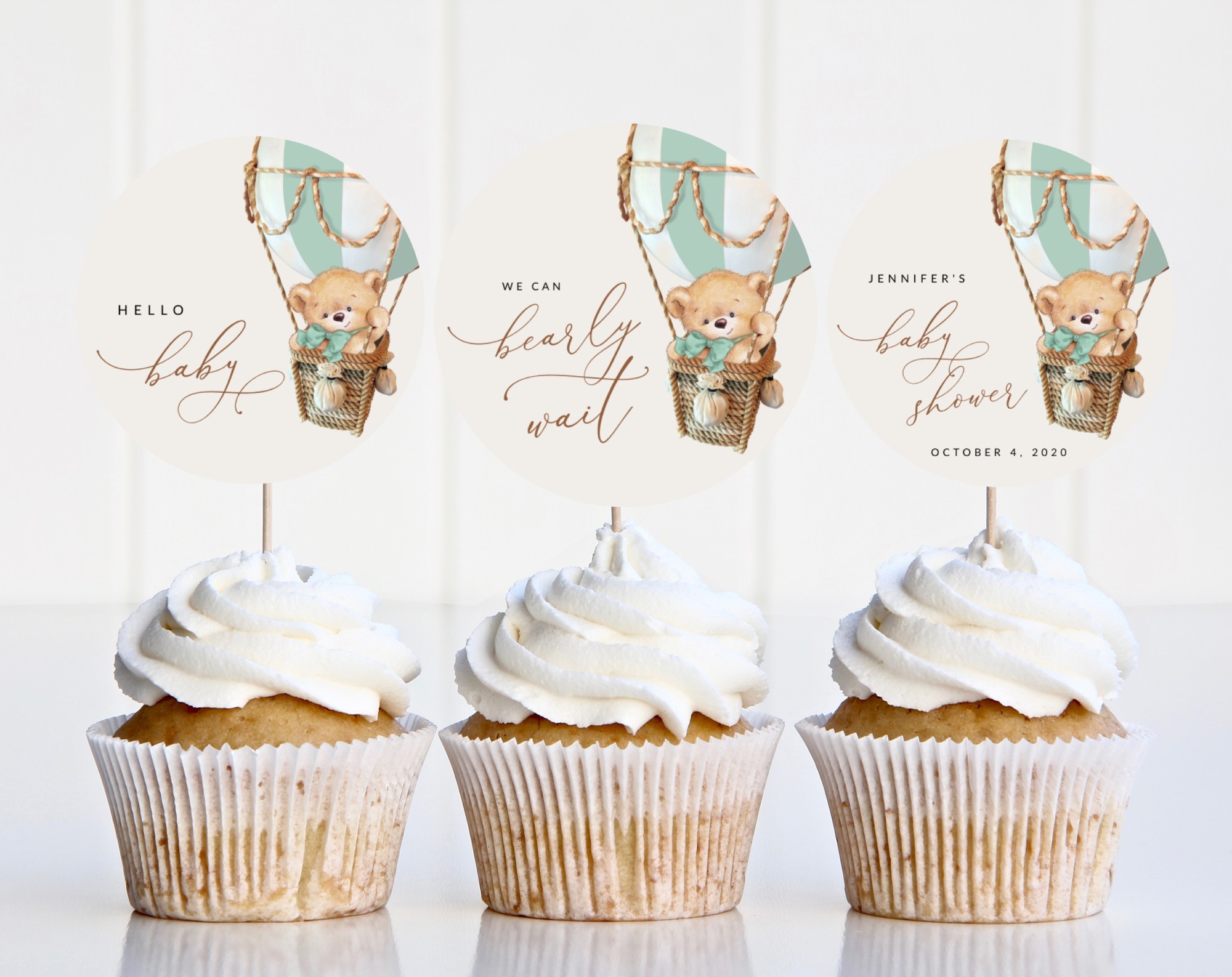 Bear in Green Balloon Cupcake Toppers, Baby Shower Decoration, Gender Neutral Baby Shower, Printable File, Edit Yourself, SH57 Bear in Green Balloon Cupcake Toppers, Baby Shower Decoration, Gender Neutral Baby Shower, Printable File, Edit Yourself, SH57
